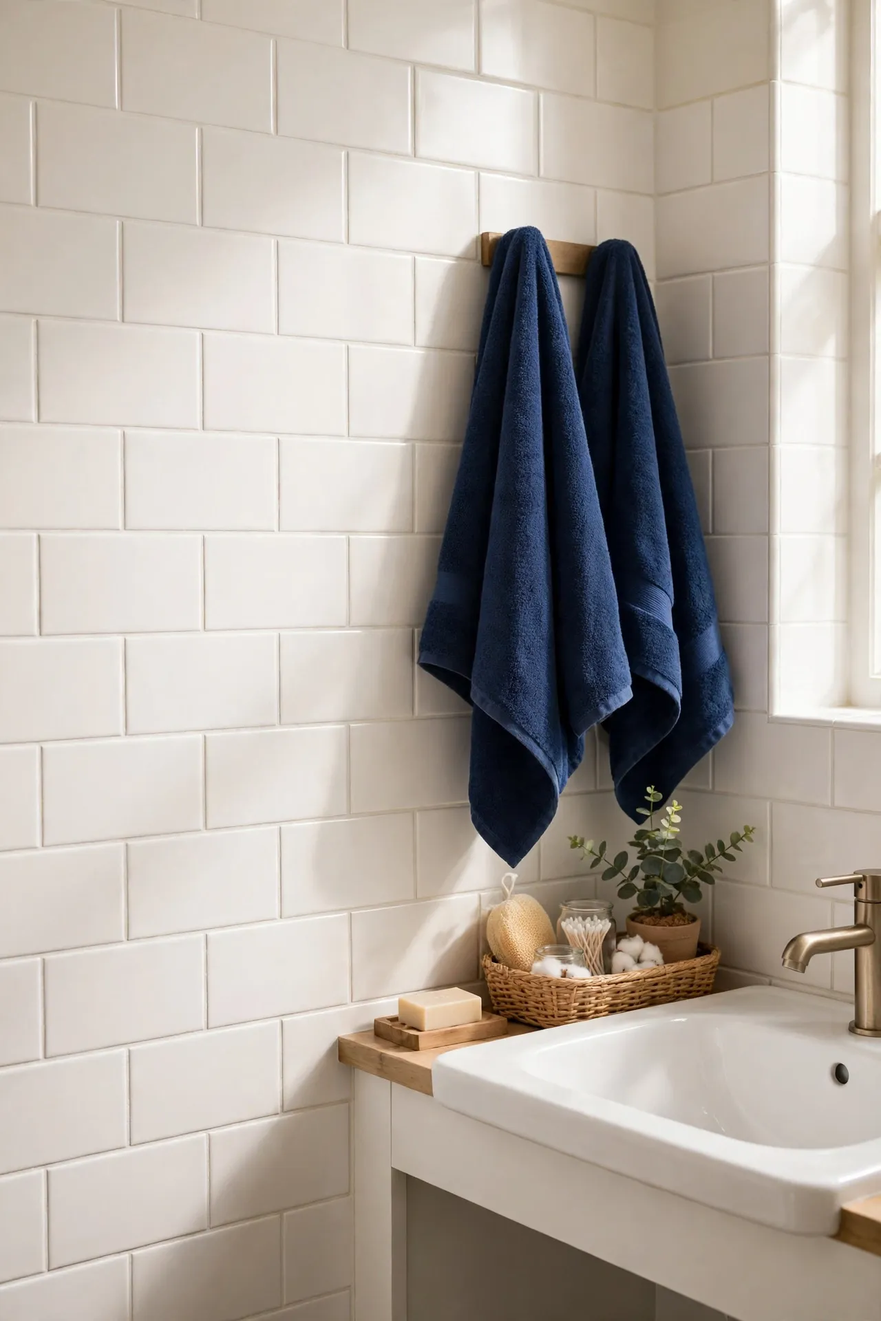Clean white grout lines on bathroom tiles next to navy accessories
