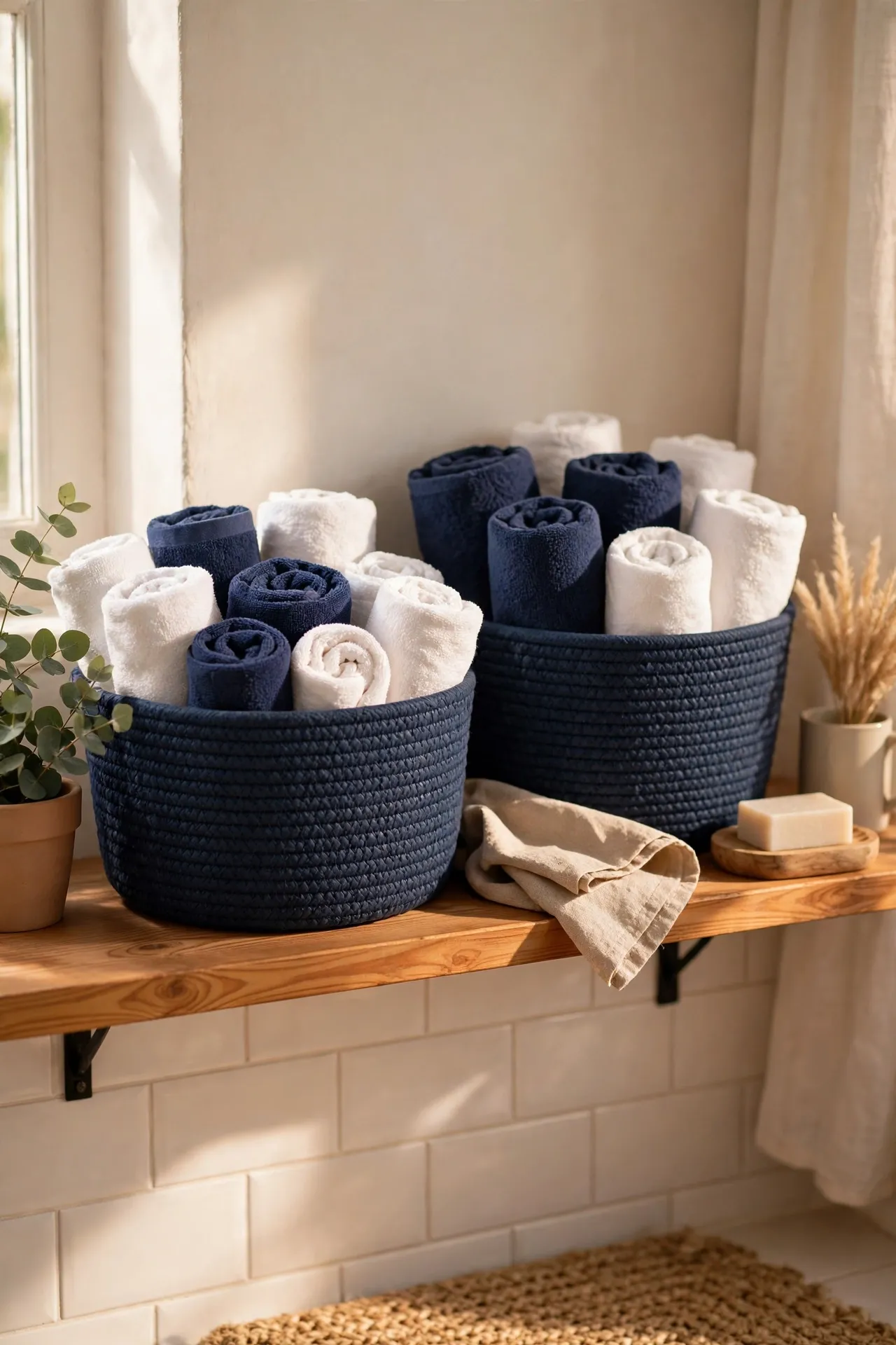 Navy woven baskets holding rolled towels in a bathroom