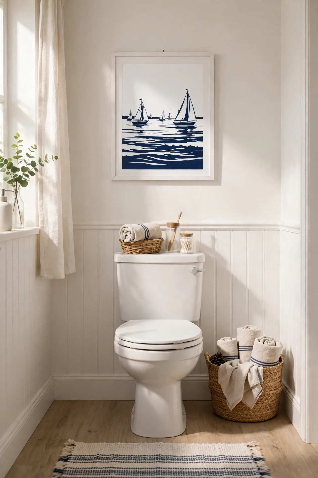 Navy and white coastal print in white frame above bathroom toilet