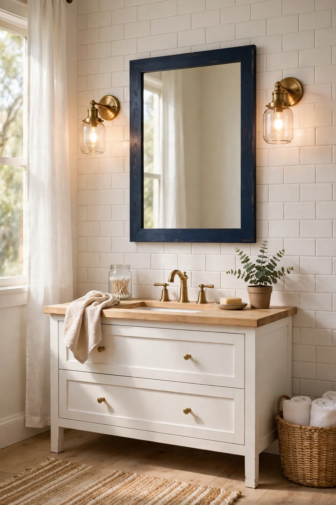 Bathroom mirror with slim navy painted frame above vanity
