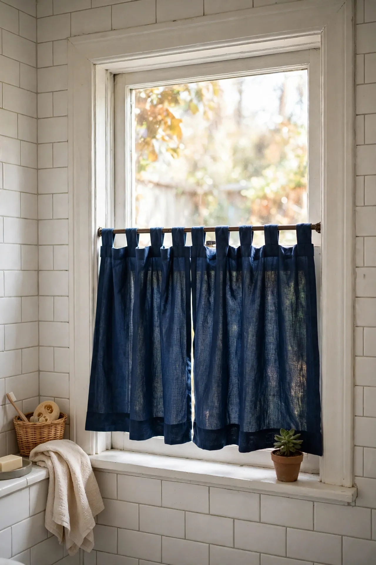 Navy cafe curtain on bathroom window letting in daylight