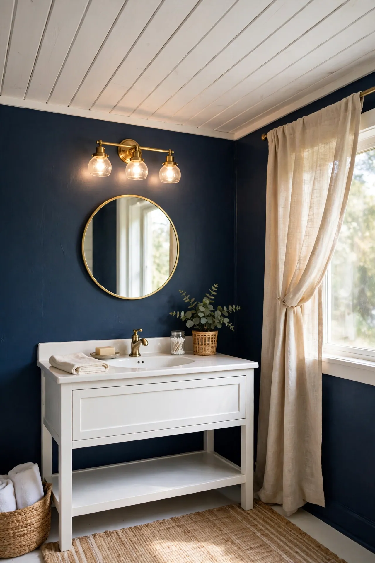 White shiplap ceiling above navy bathroom walls