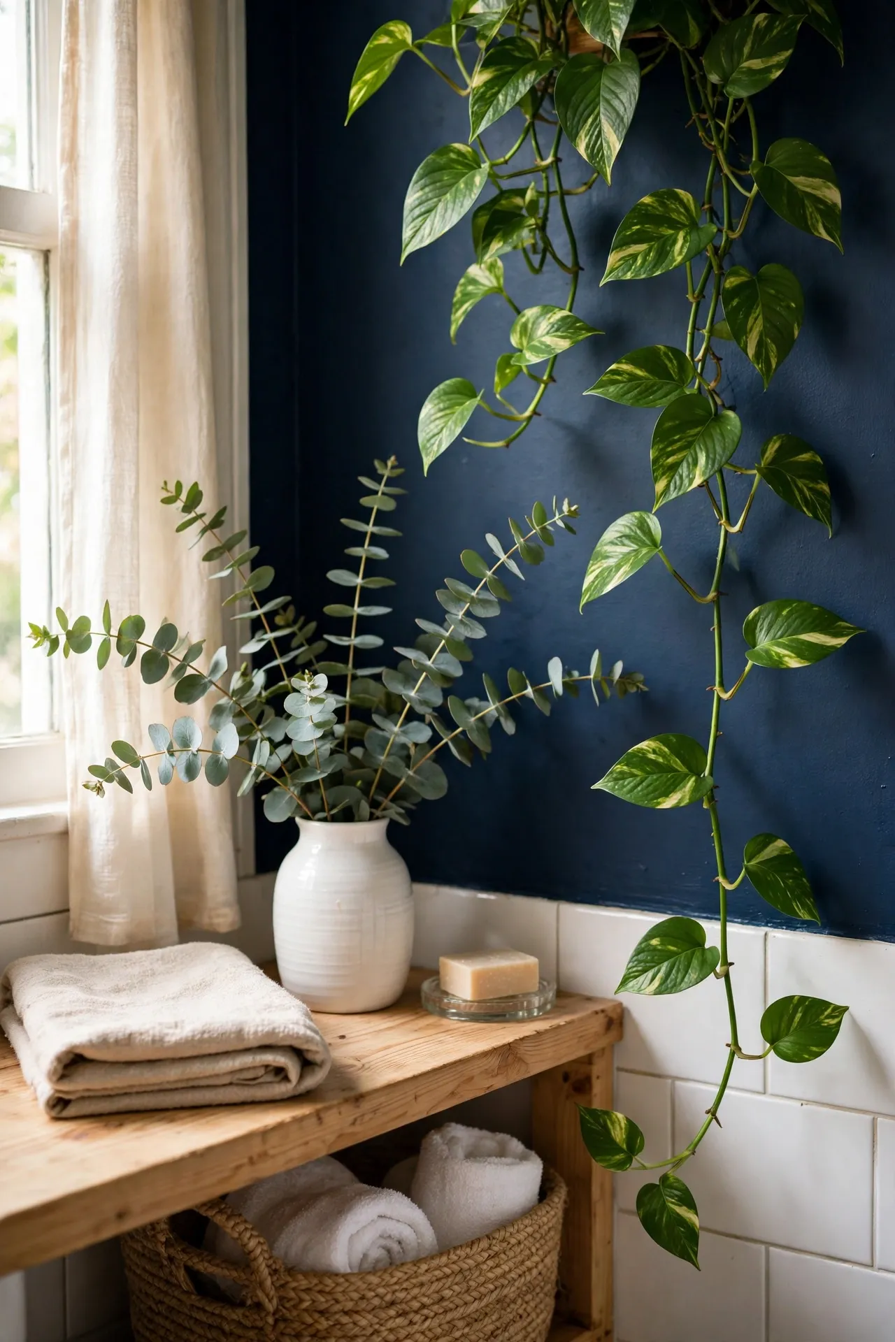 Eucalyptus stems in white vase against navy bathroom wall