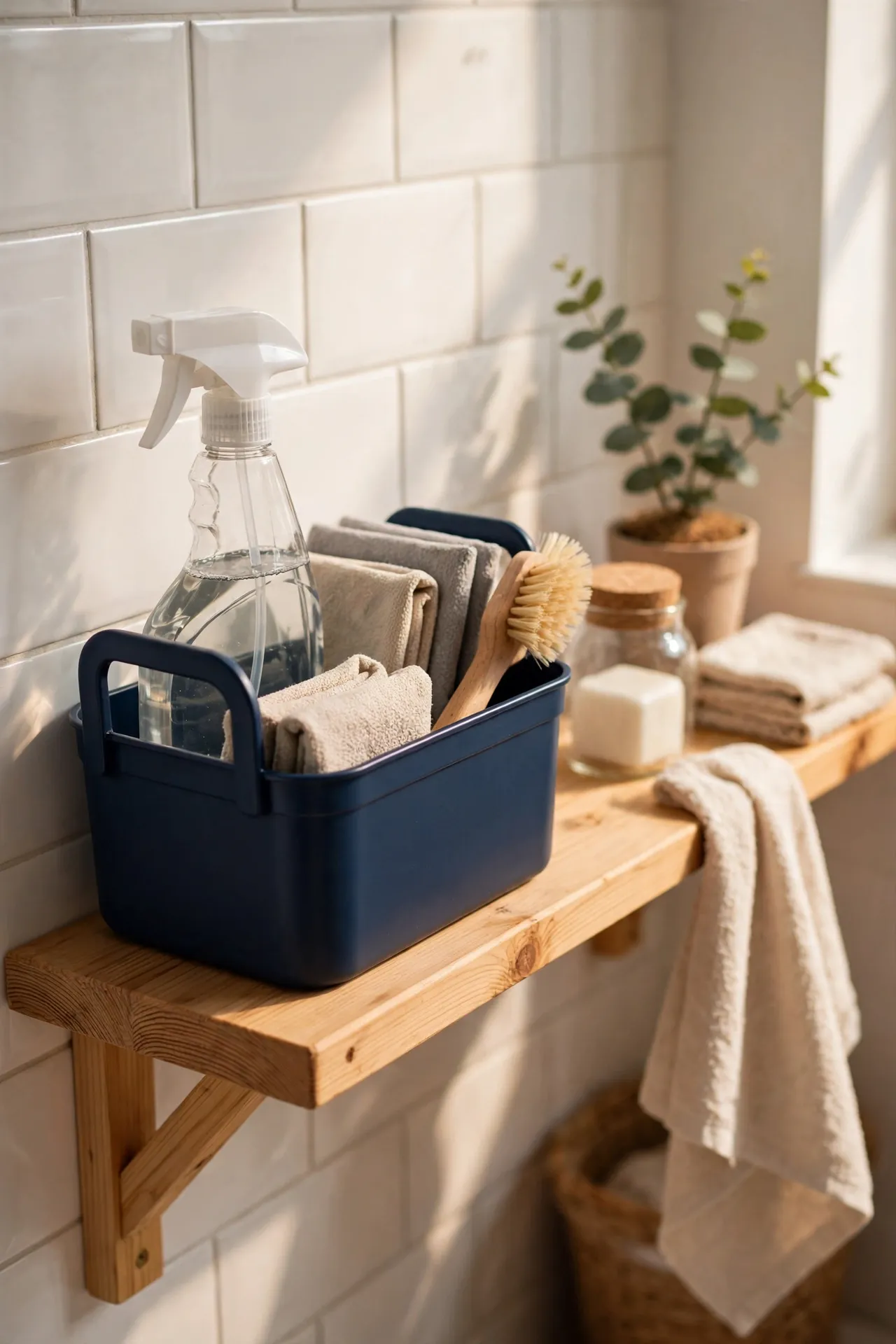 Navy cleaning caddy with cloths and spray bottles under bathroom sink