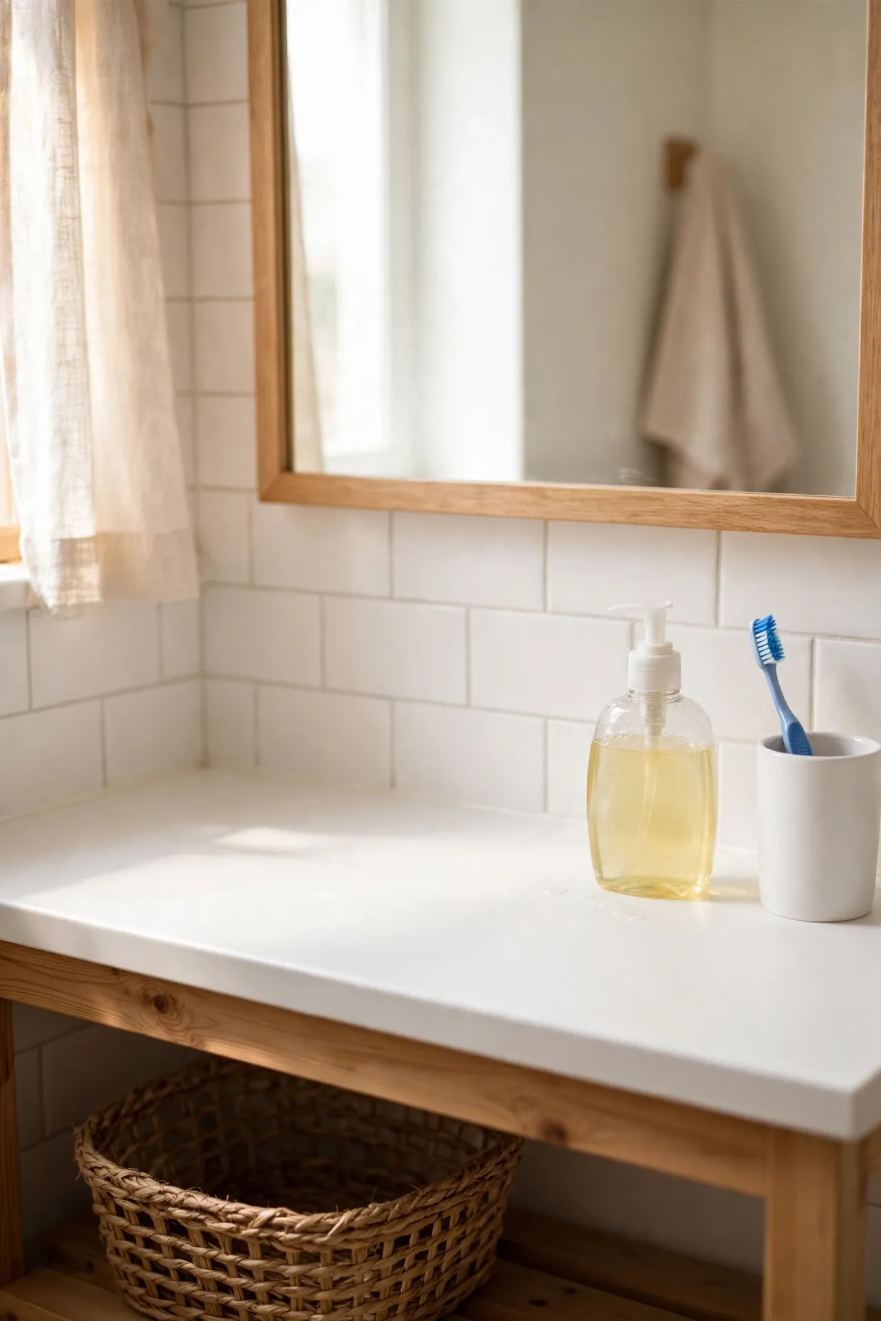 Empty clean bathroom counter with only soap and toothbrush