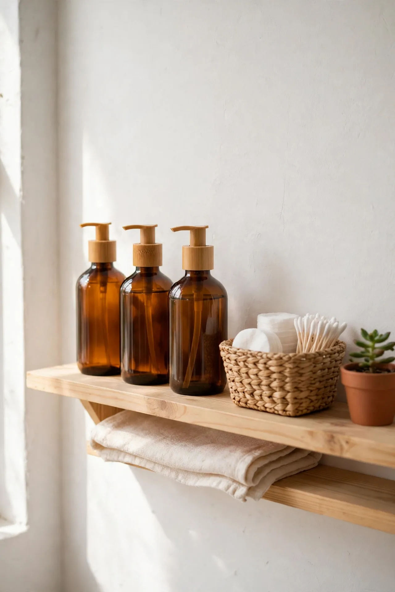 Neat row of matching toiletry bottles with one-in-one-out storage