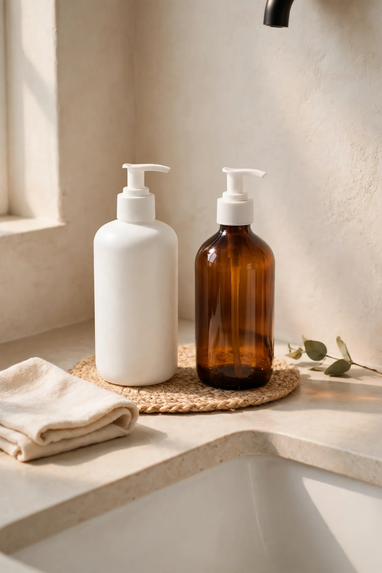 Plain matching refillable bottles on bathroom counter