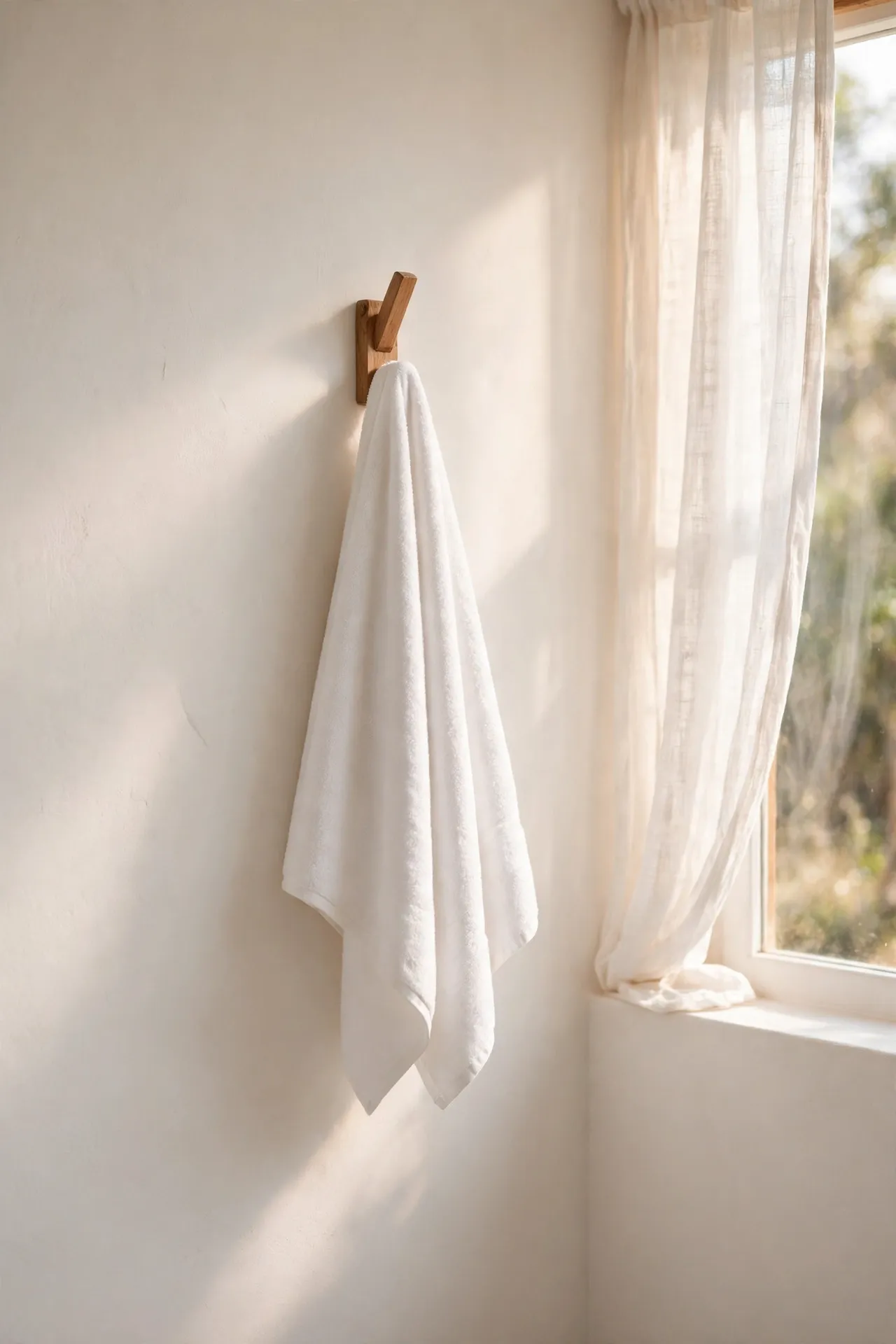 Single white towel neatly hung on bathroom hook