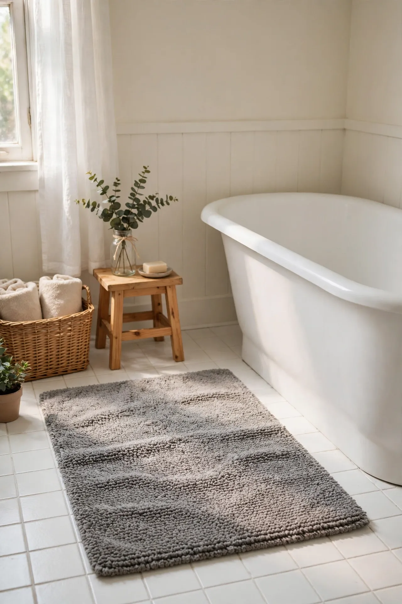 Single plain neutral bath mat on bathroom floor