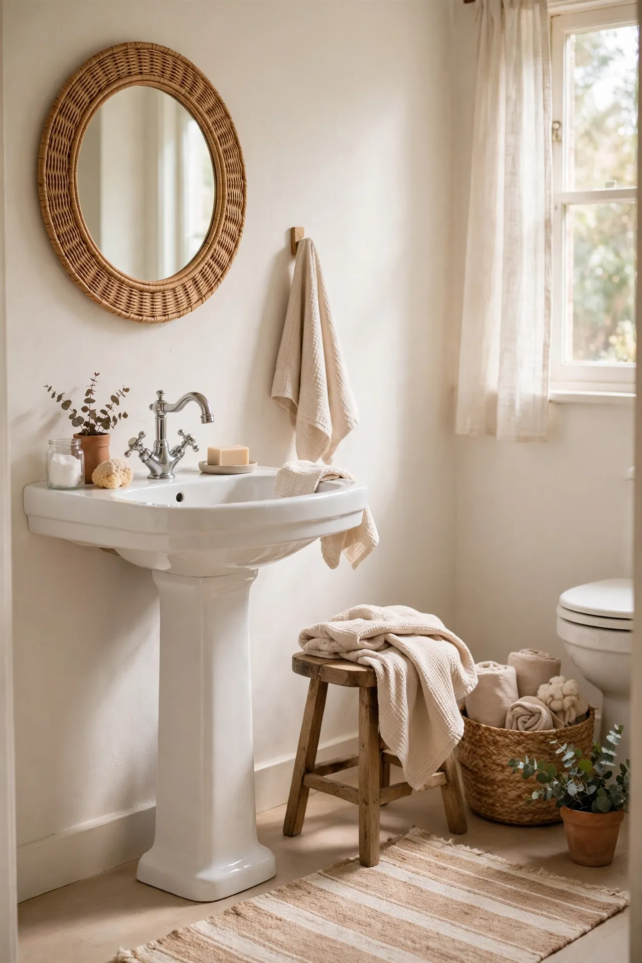 Bathroom walls painted warm white with soft natural light