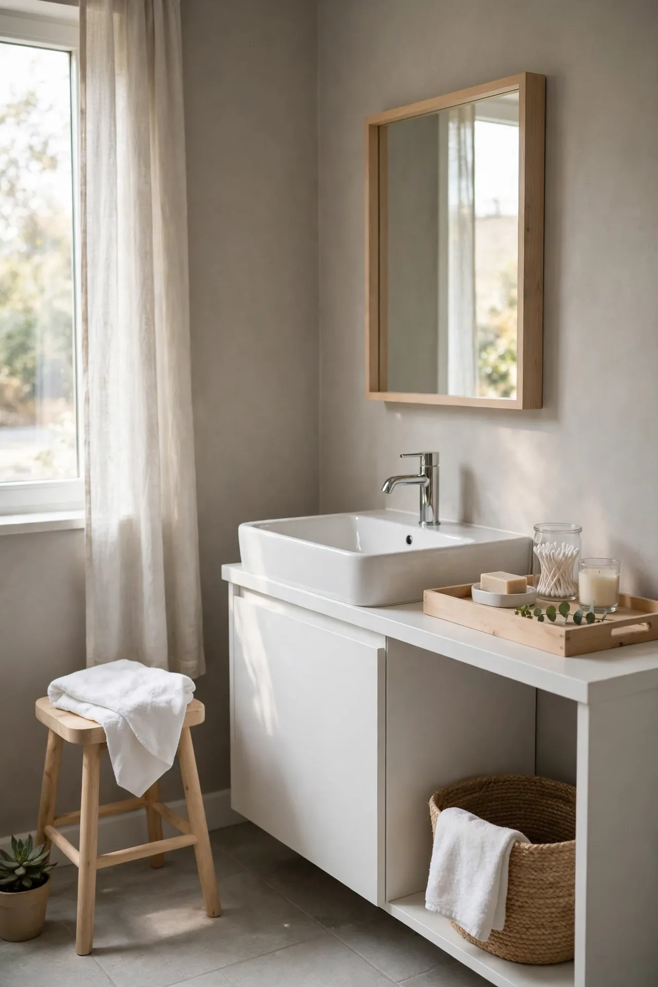 Minimalist bathroom in white and grey with one wooden tray