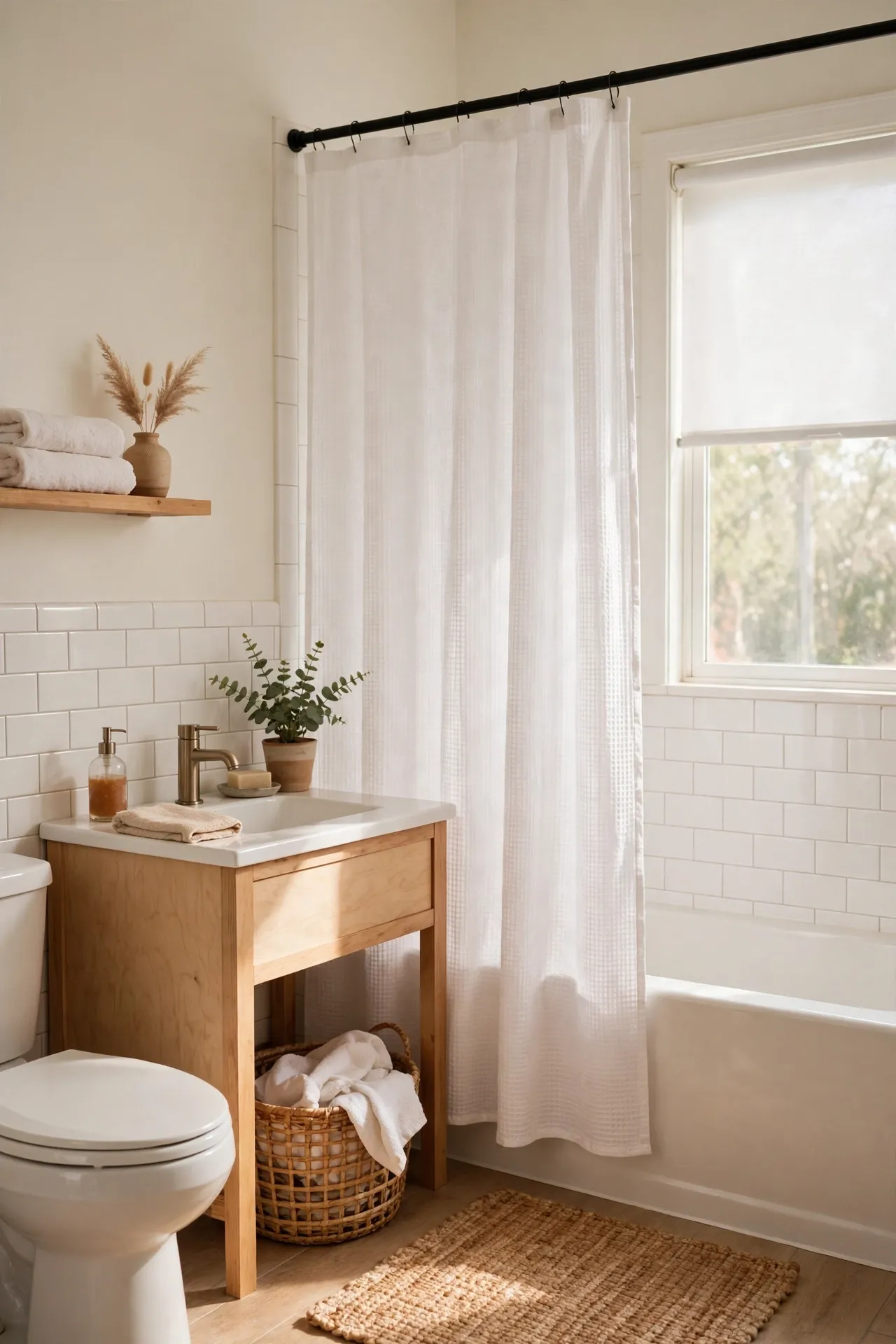 Plain white shower curtain and white window shade in bathroom