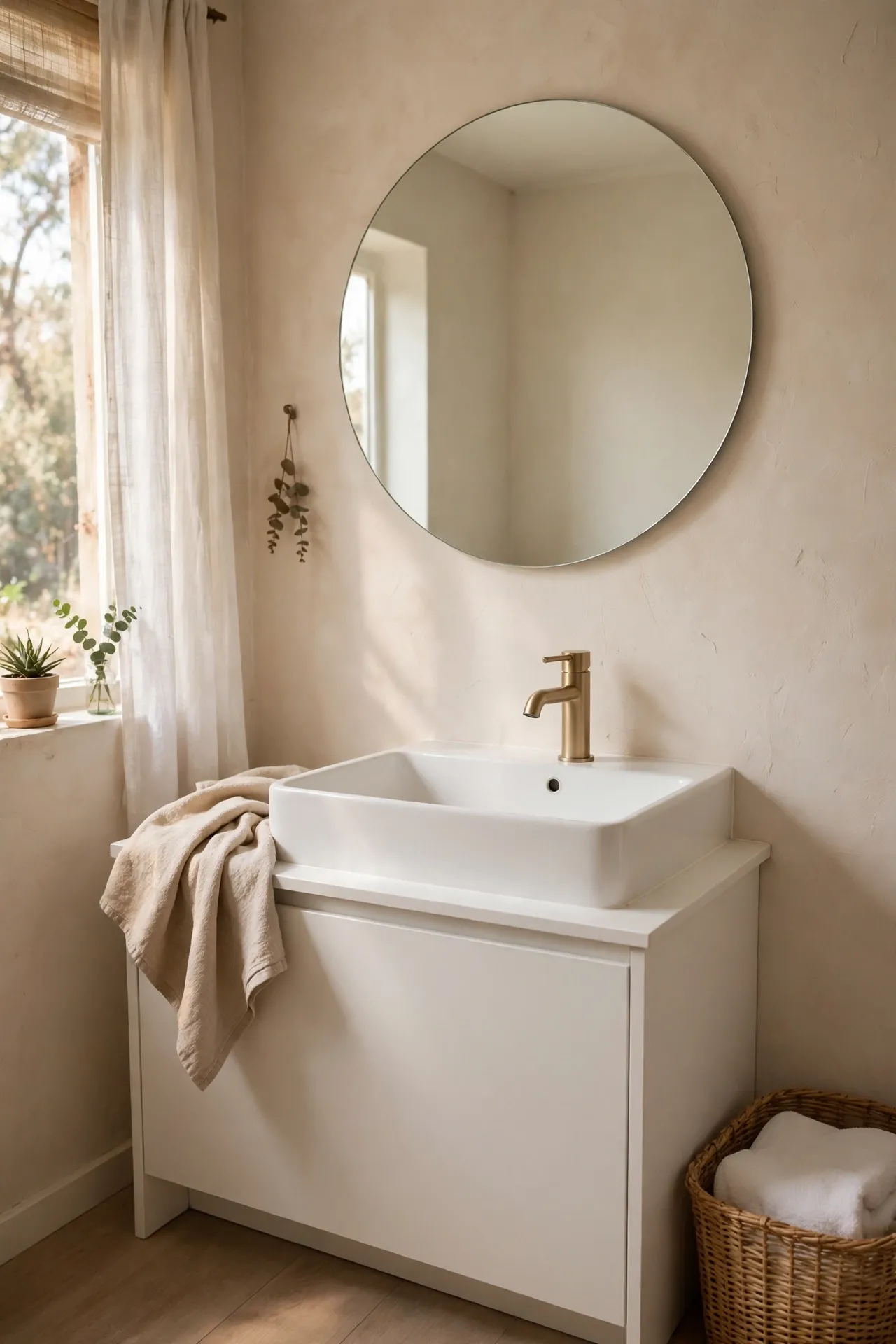 Frameless round mirror above minimalist bathroom sink