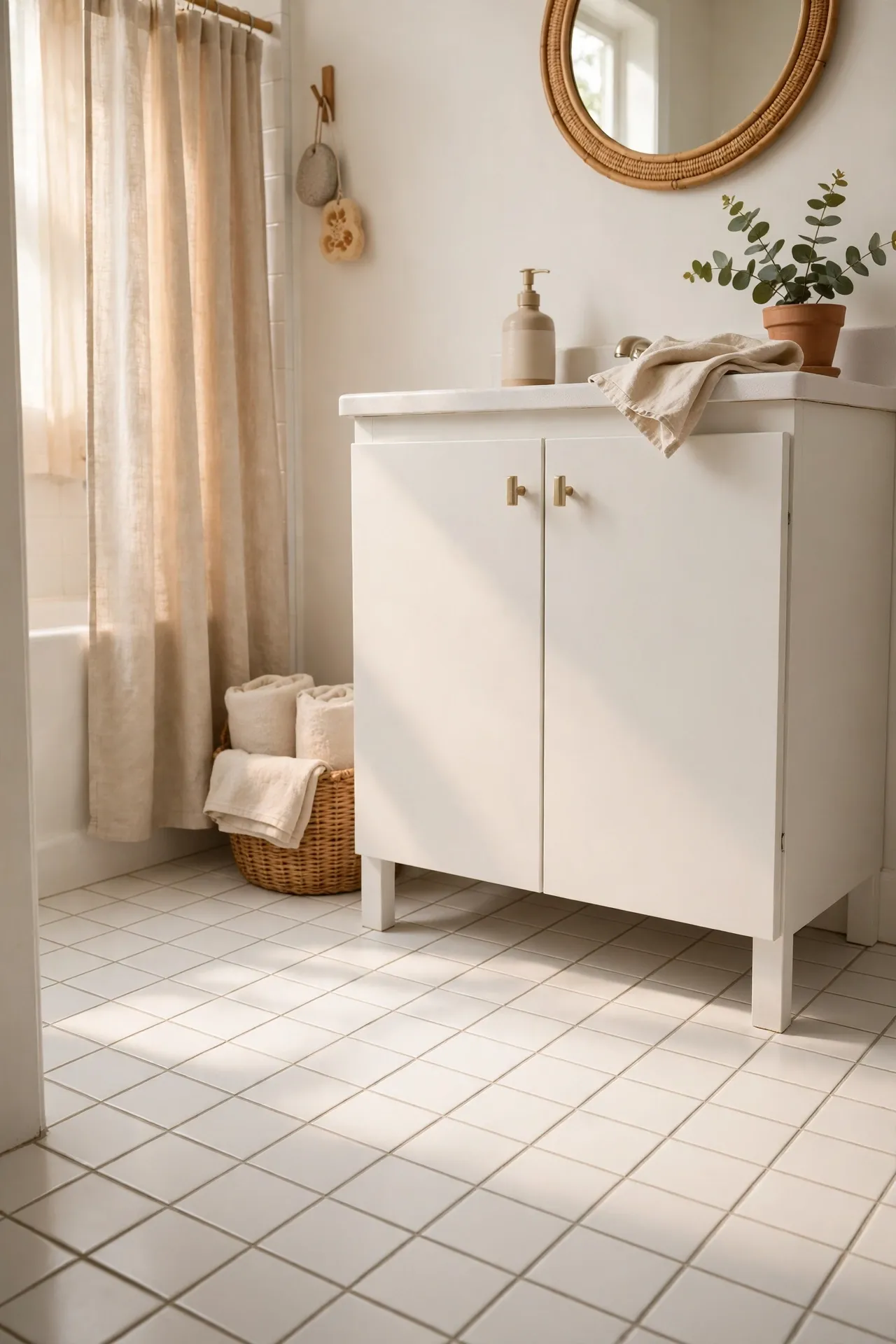 Bright clean white grout on bathroom tiles