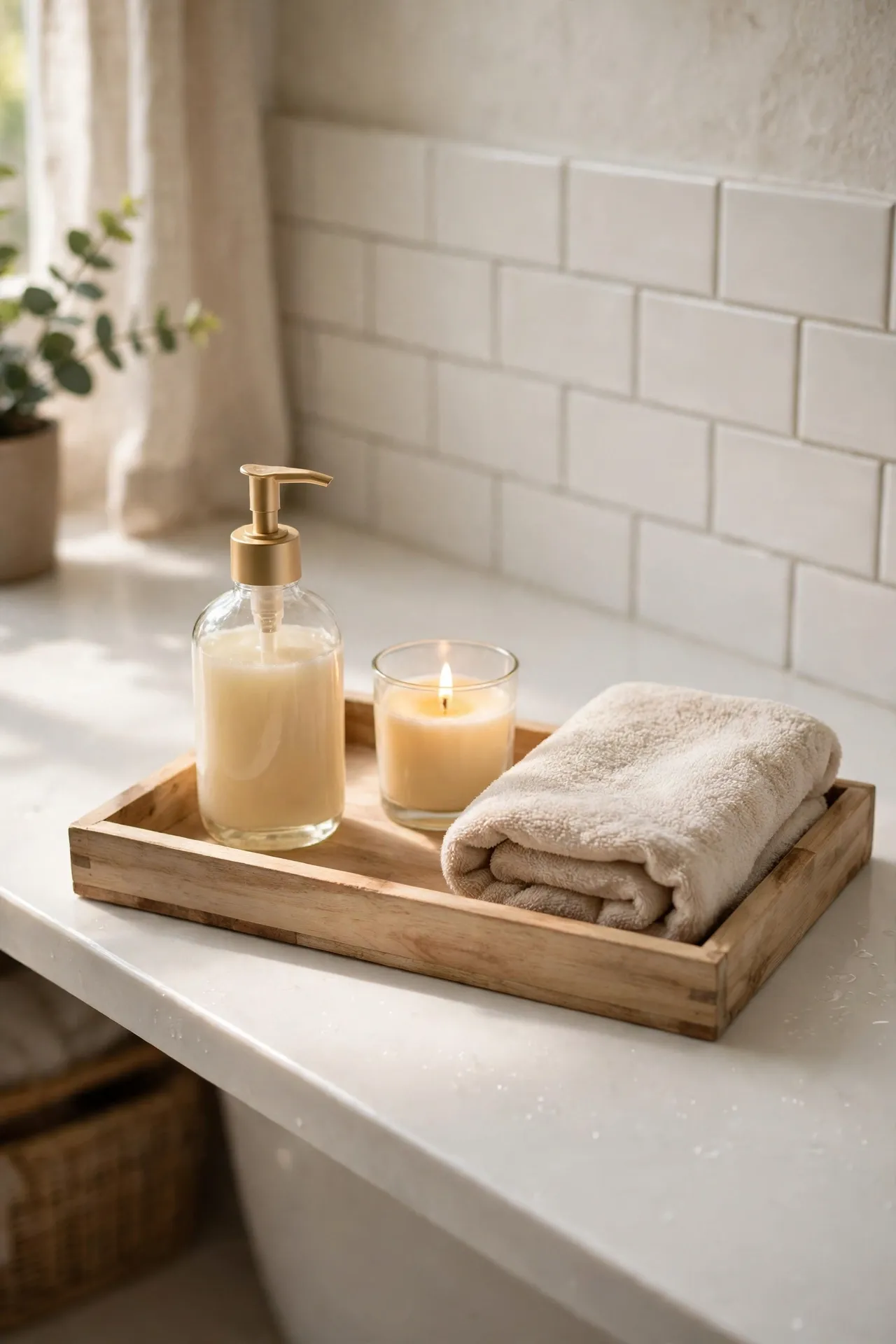 Wooden tray with soap, candle and towel on bathroom counter