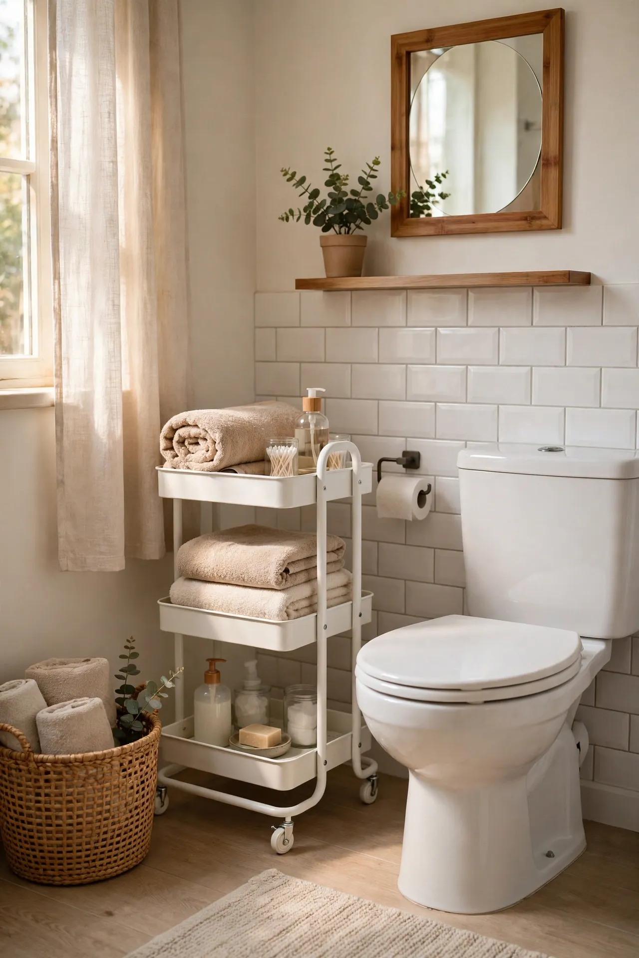 Slim white rolling cart beside bathroom toilet