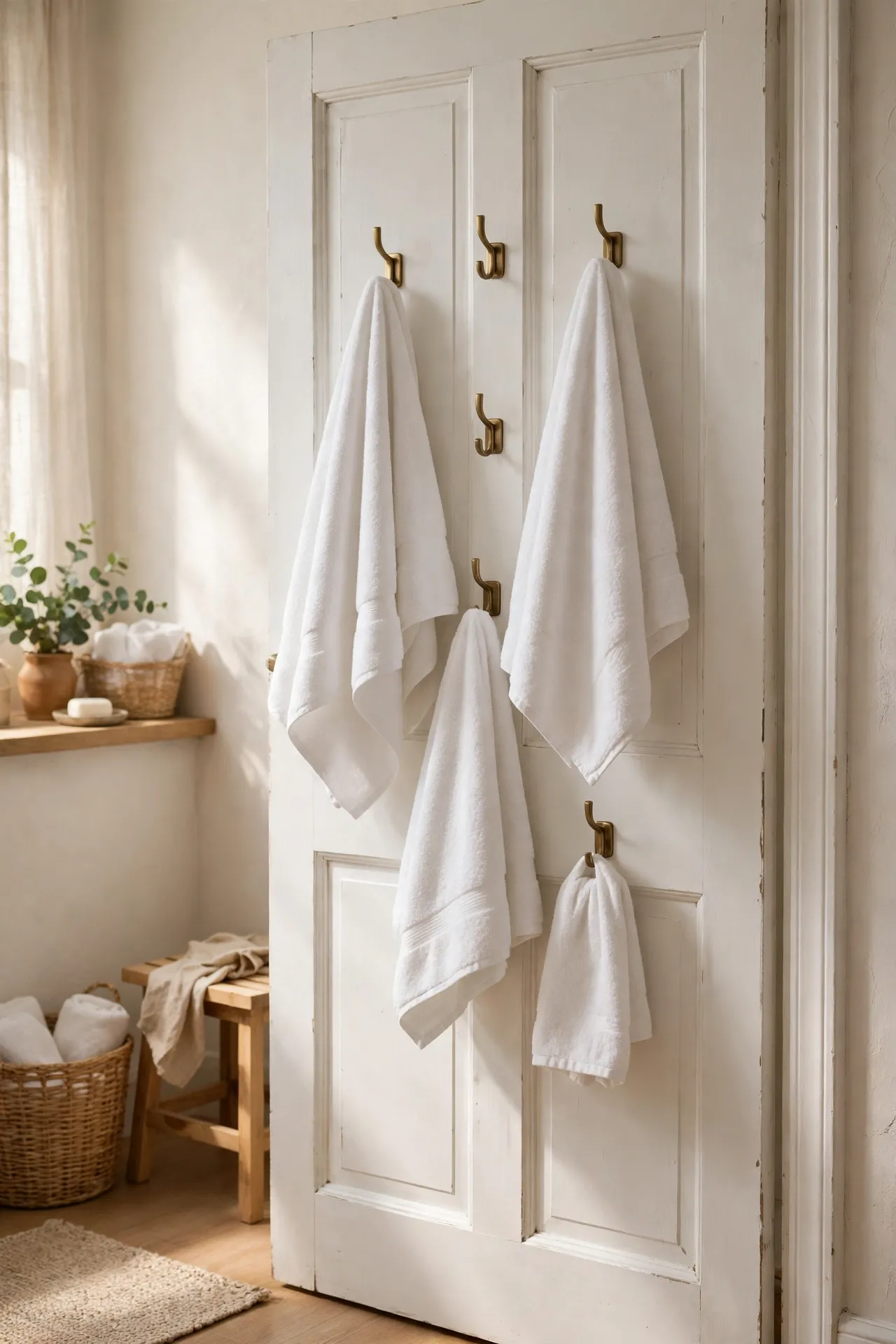Towels hung on hooks on back of bathroom door