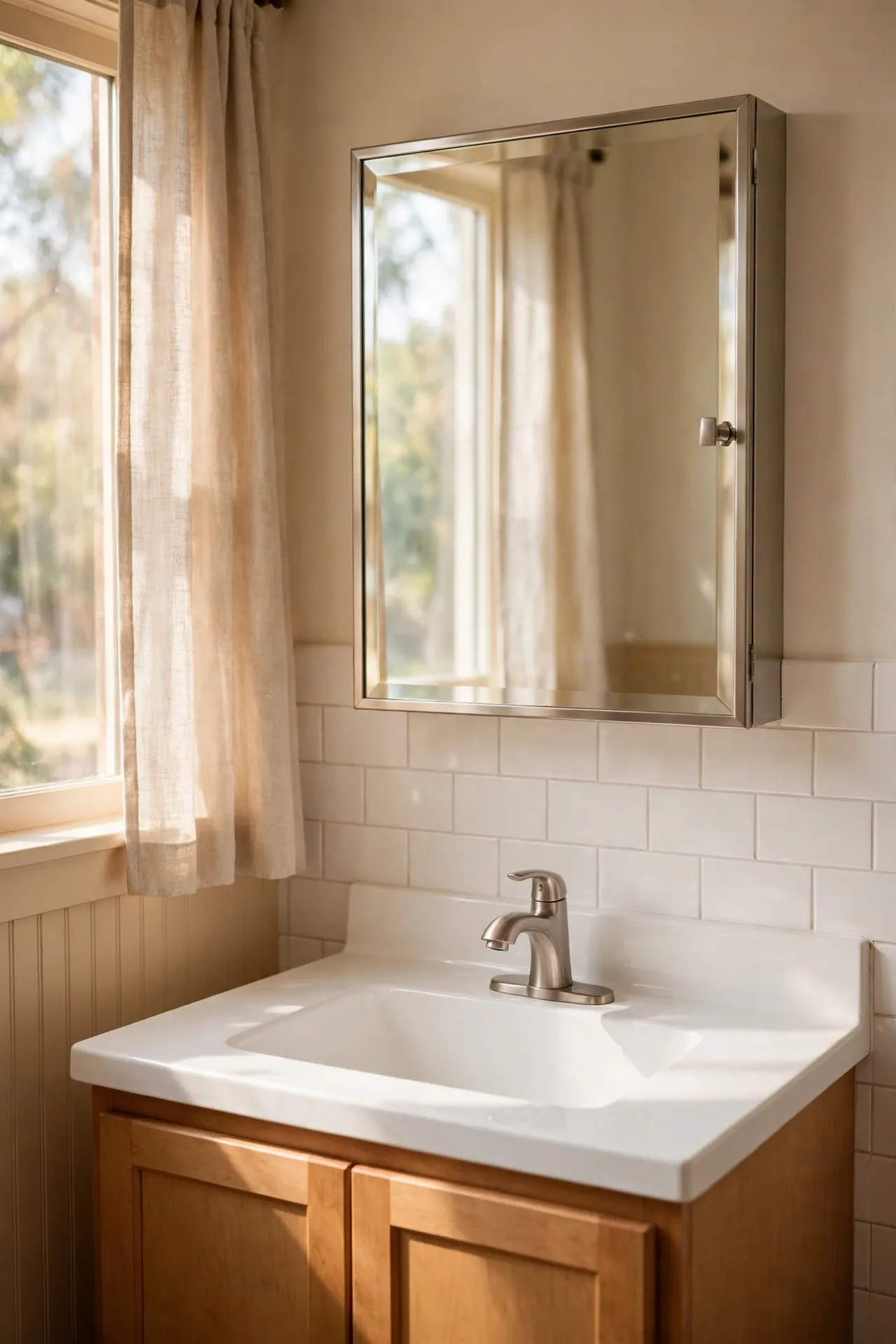 Mirrored medicine cabinet above bathroom sink, counter clear