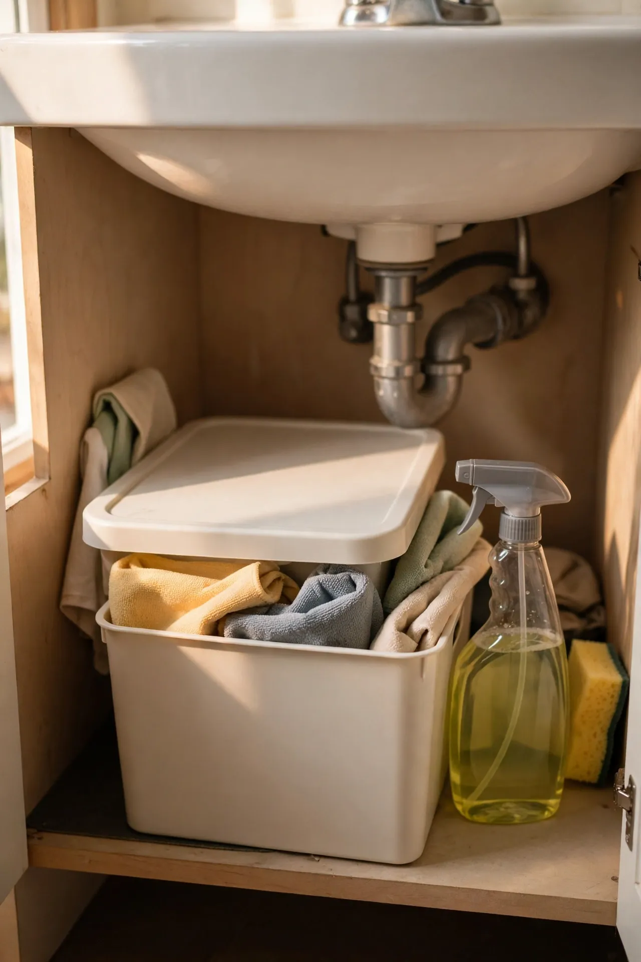 Single lidded box holding bathroom cleaning supplies