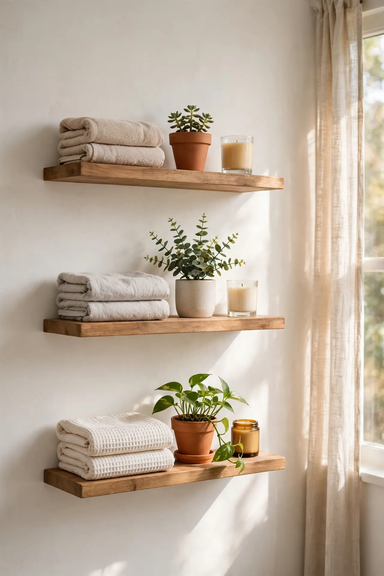 Floating wooden shelves with three items each in bathroom