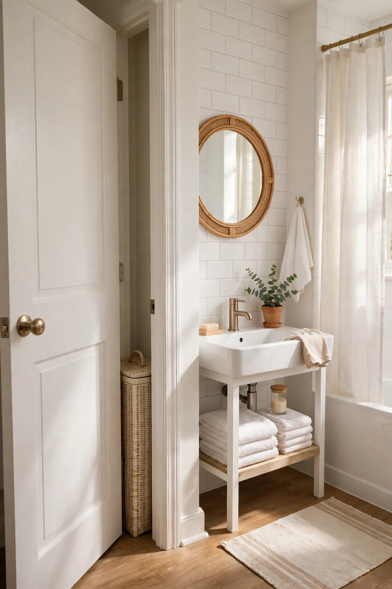 Lidded laundry hamper tucked behind bathroom door