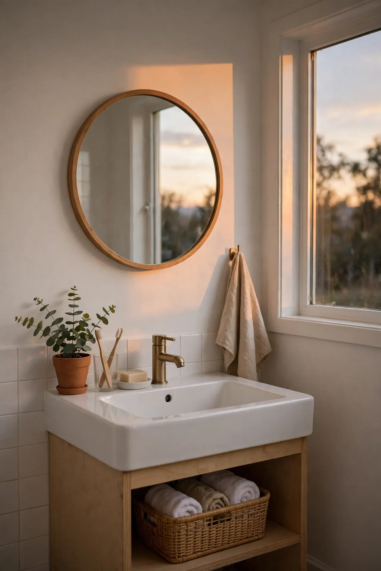 Warm soft lighting over minimalist bathroom mirror