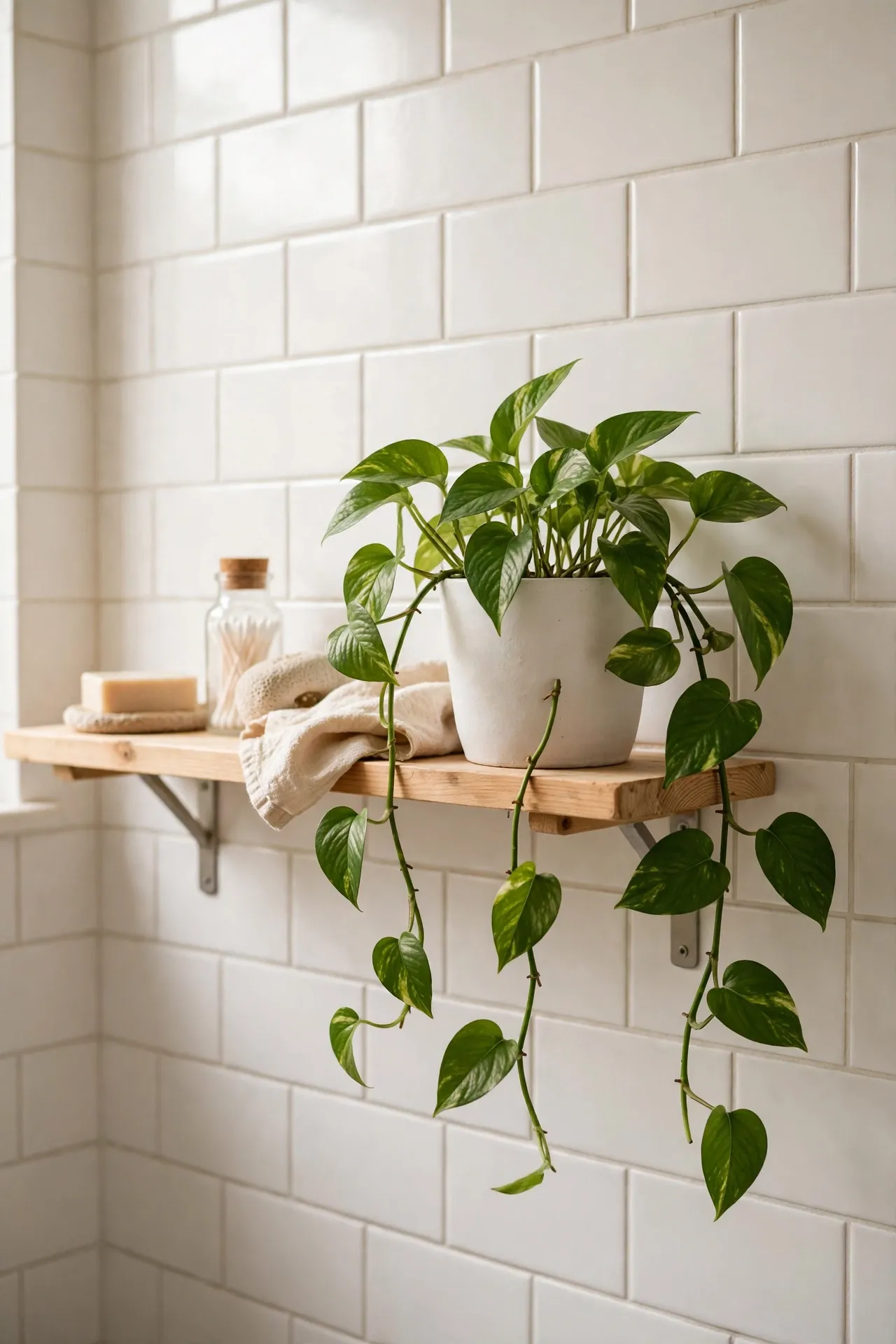 Single pothos plant in white pot on bathroom shelf