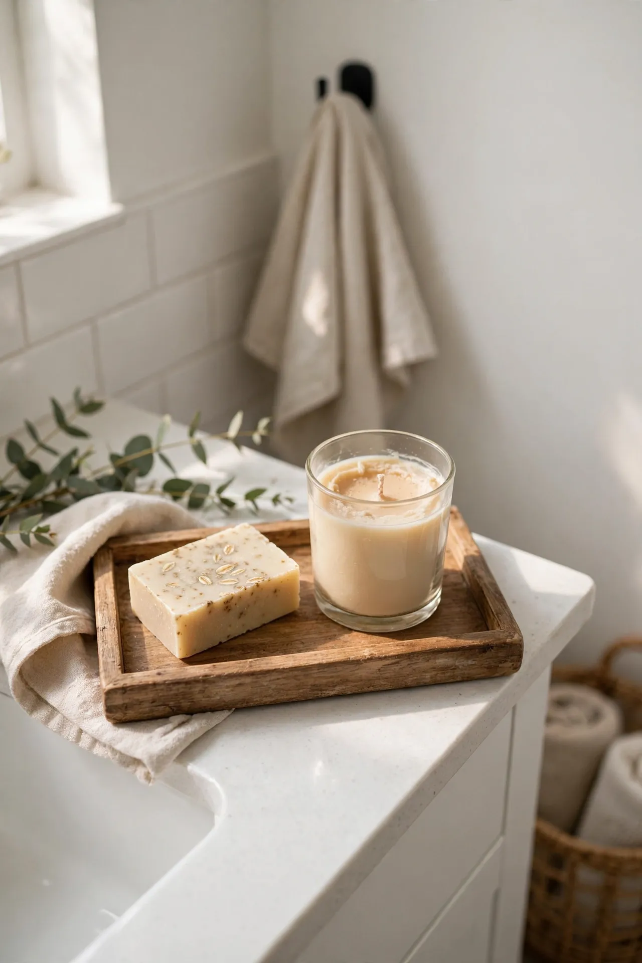 Single eucalyptus candle and soap on bathroom tray