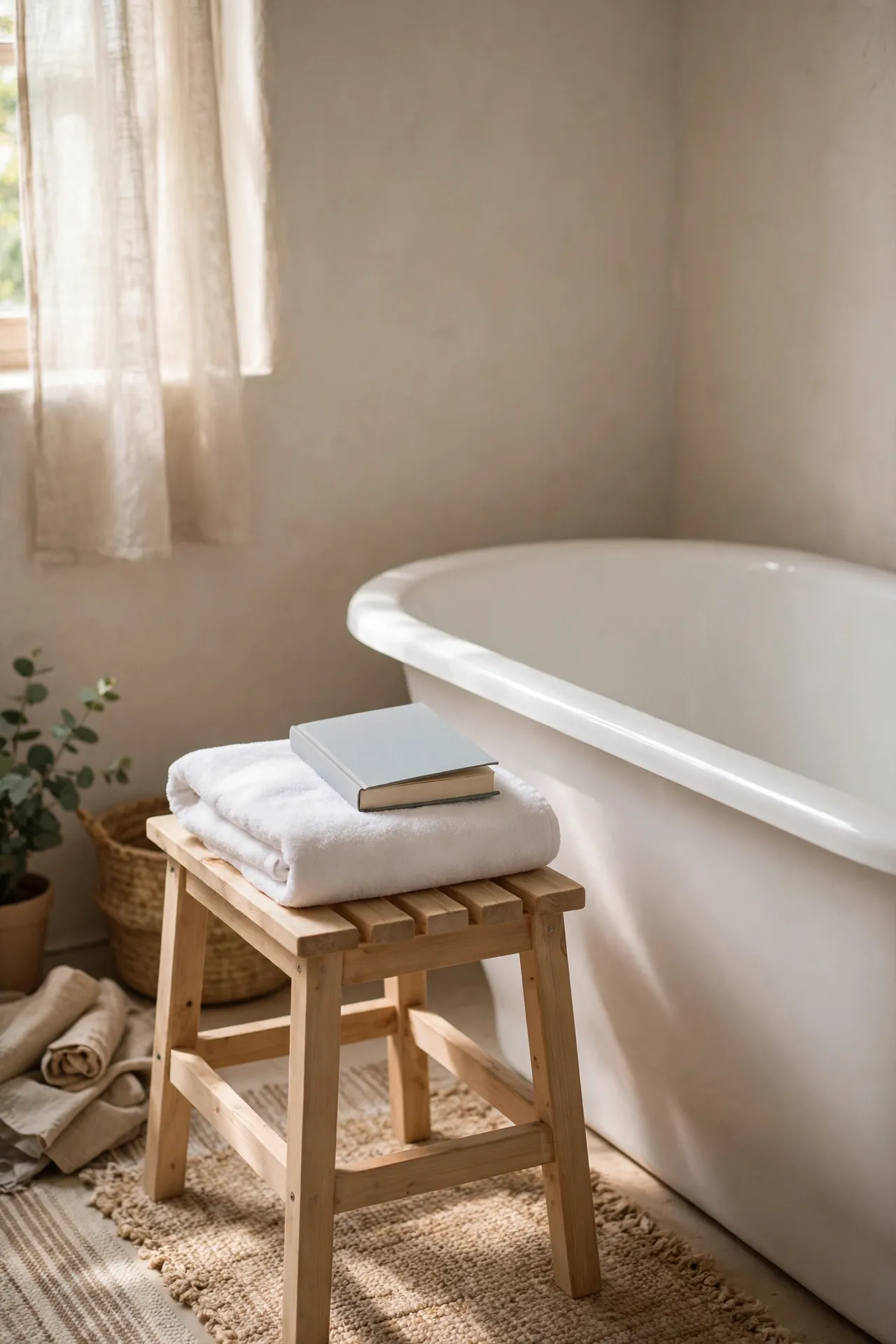 Small wooden stool with folded towel beside bathtub