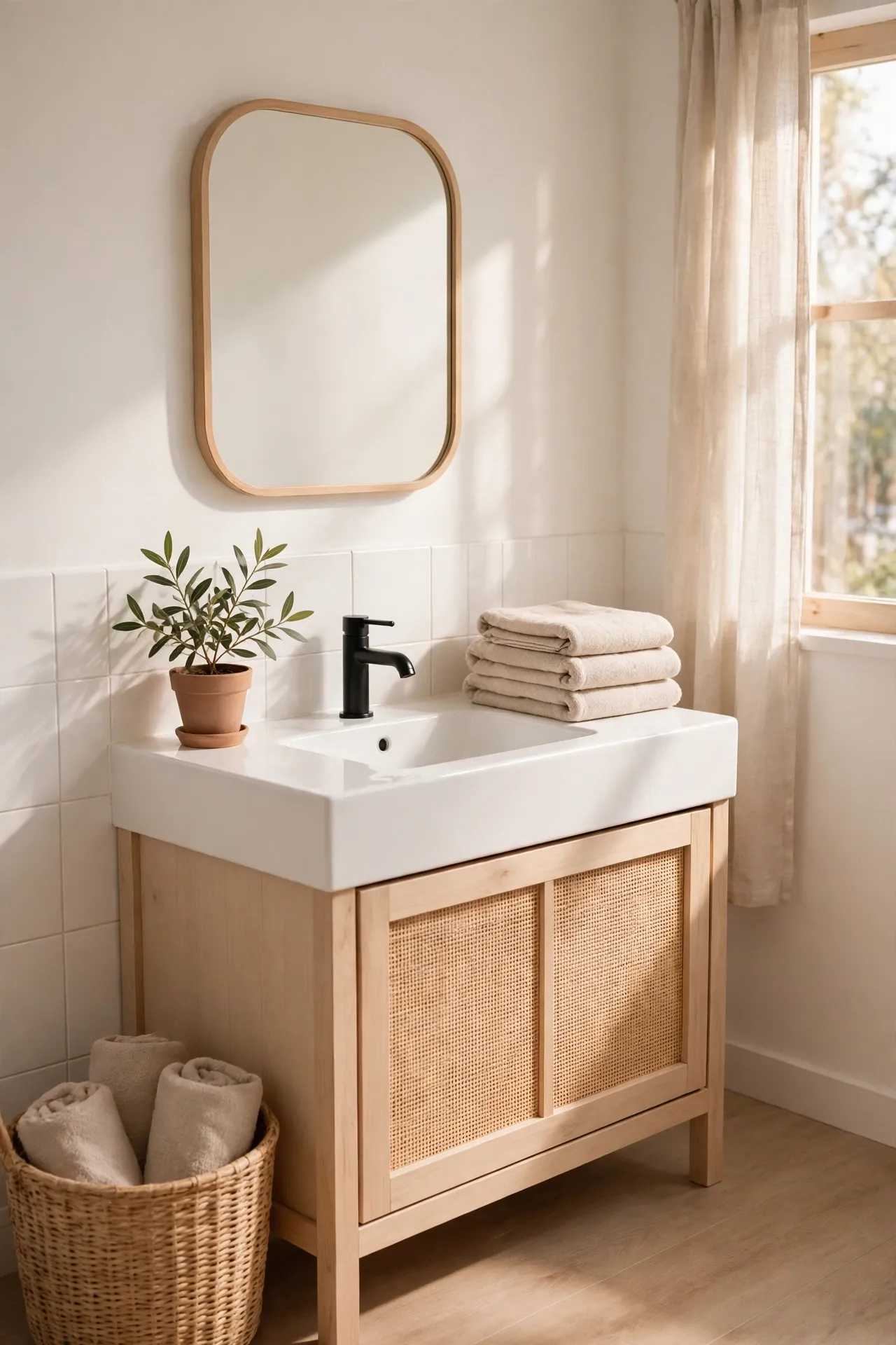 Tidy minimalist bathroom after weekly ten-minute reset
