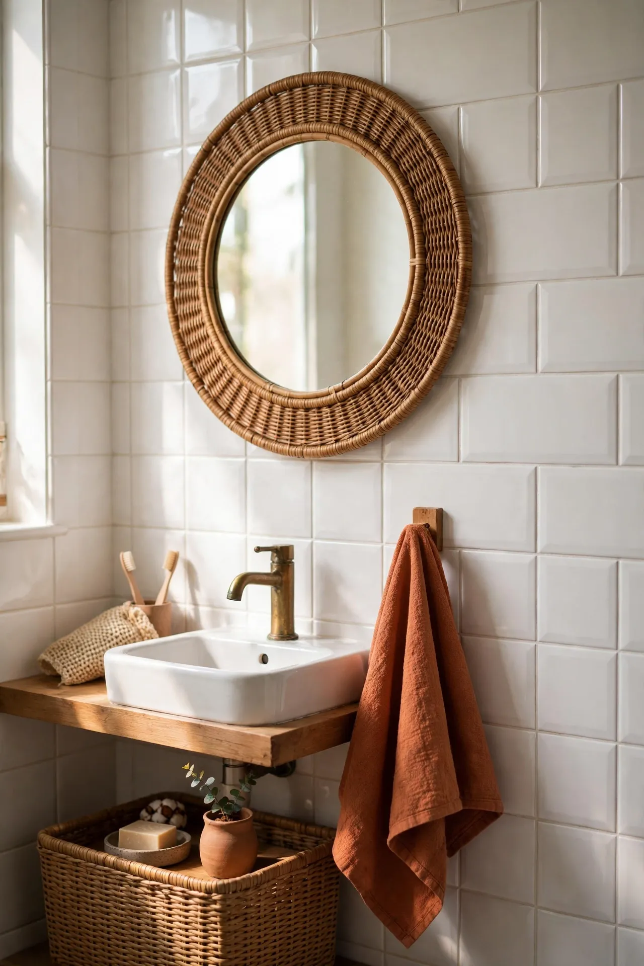 Round rattan-framed mirror hanging above a bathroom sink with warm terracotta accents