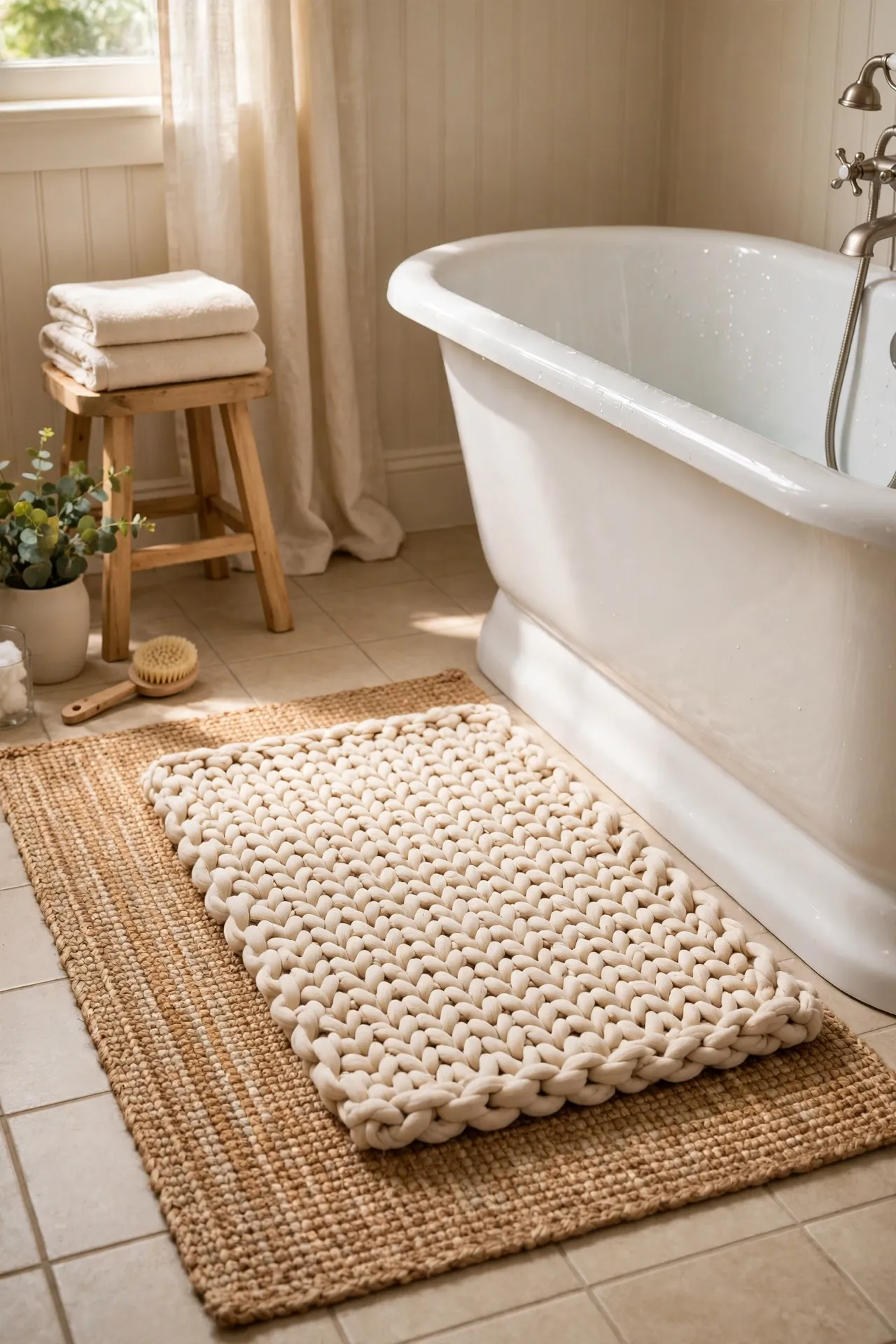 Chunky woven cotton bath mat layered over a flat jute rug on a bathroom floor