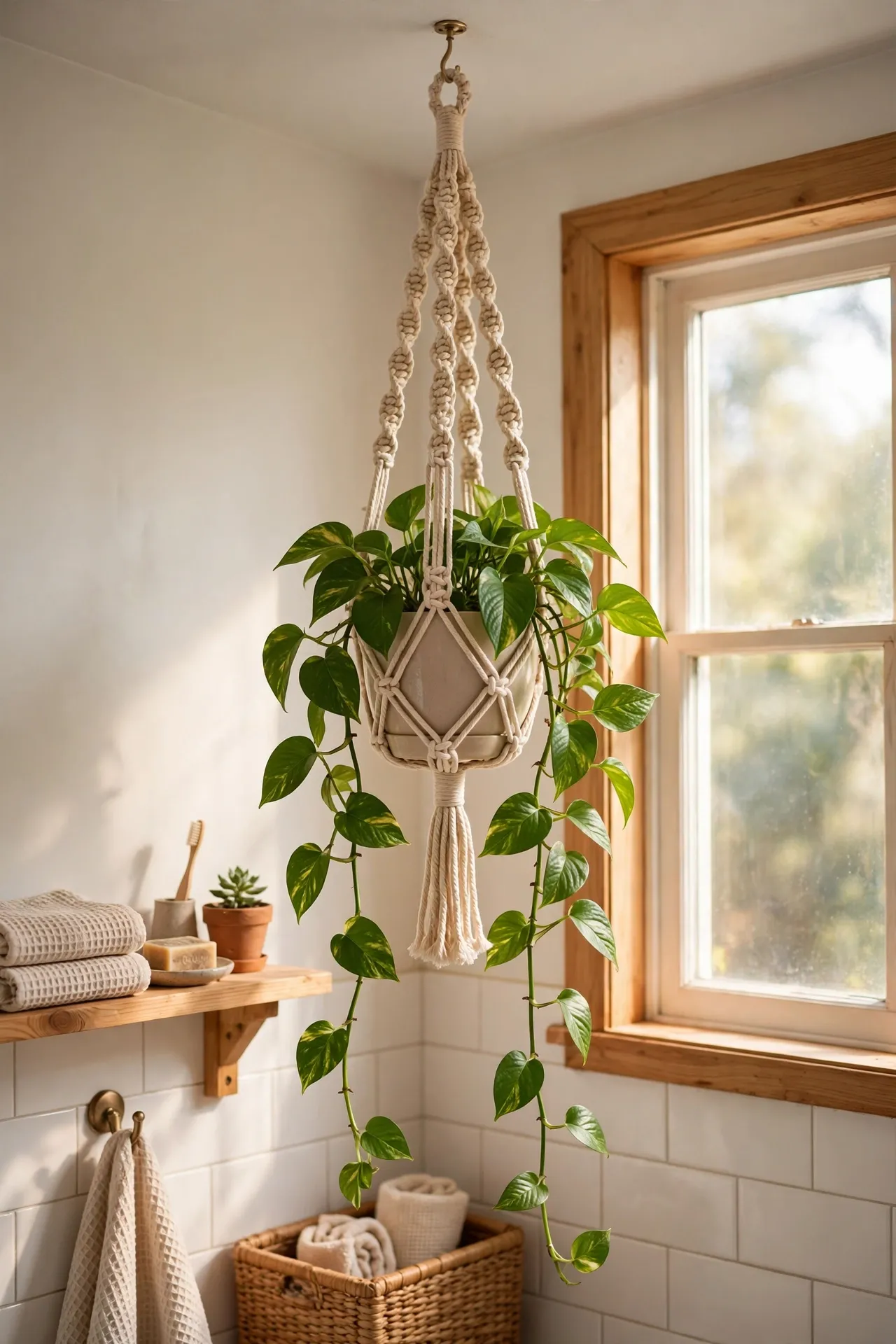Macramé plant hanger with a trailing pothos hanging by a bright bathroom window