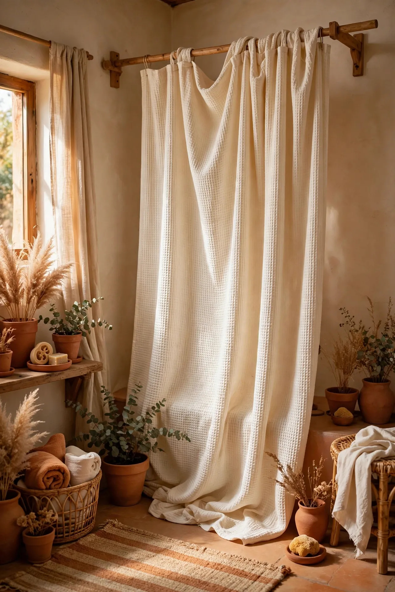 Warm cream waffle-weave shower curtain hanging in a boho bathroom