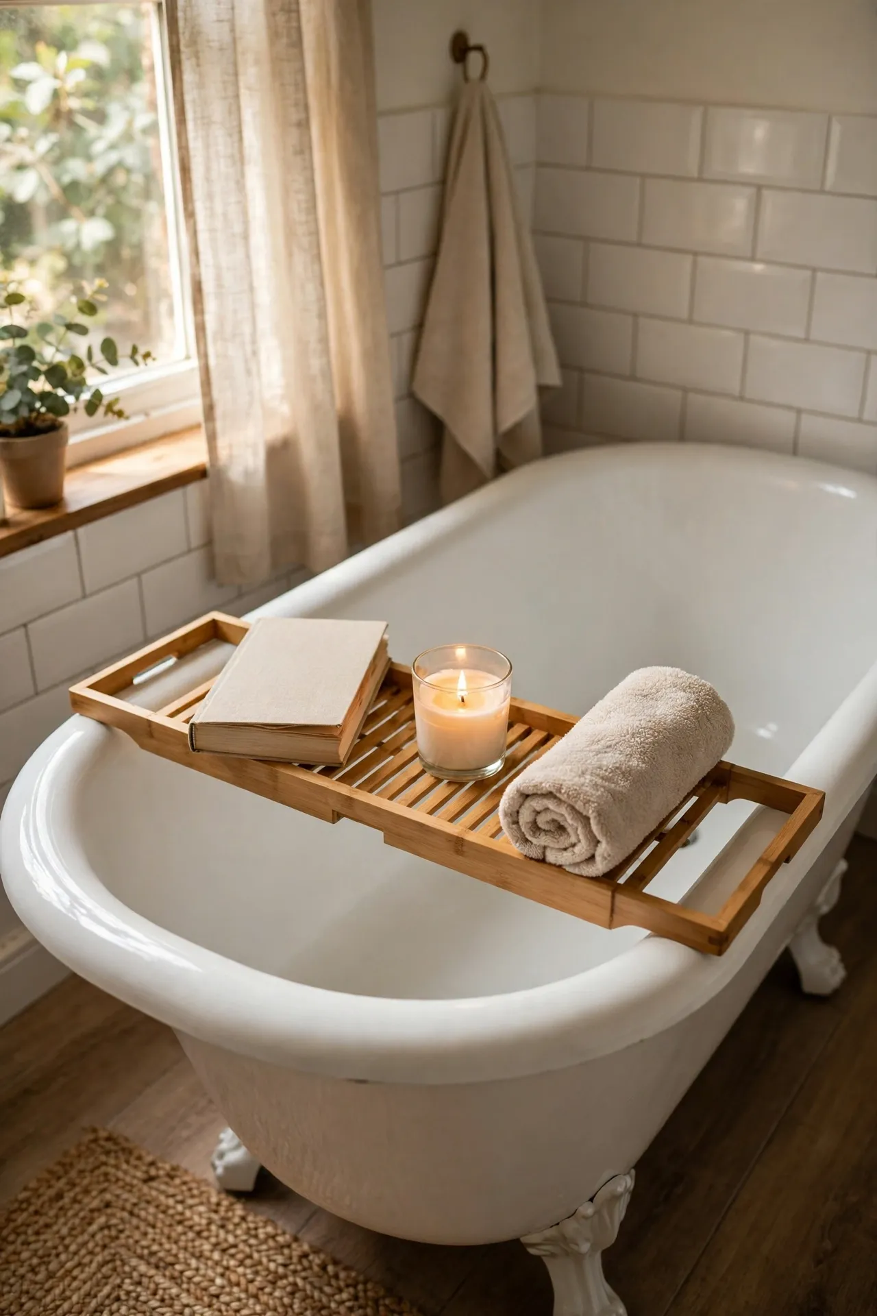 Bamboo bath caddy across a bathtub holding a book, candle and rolled towel