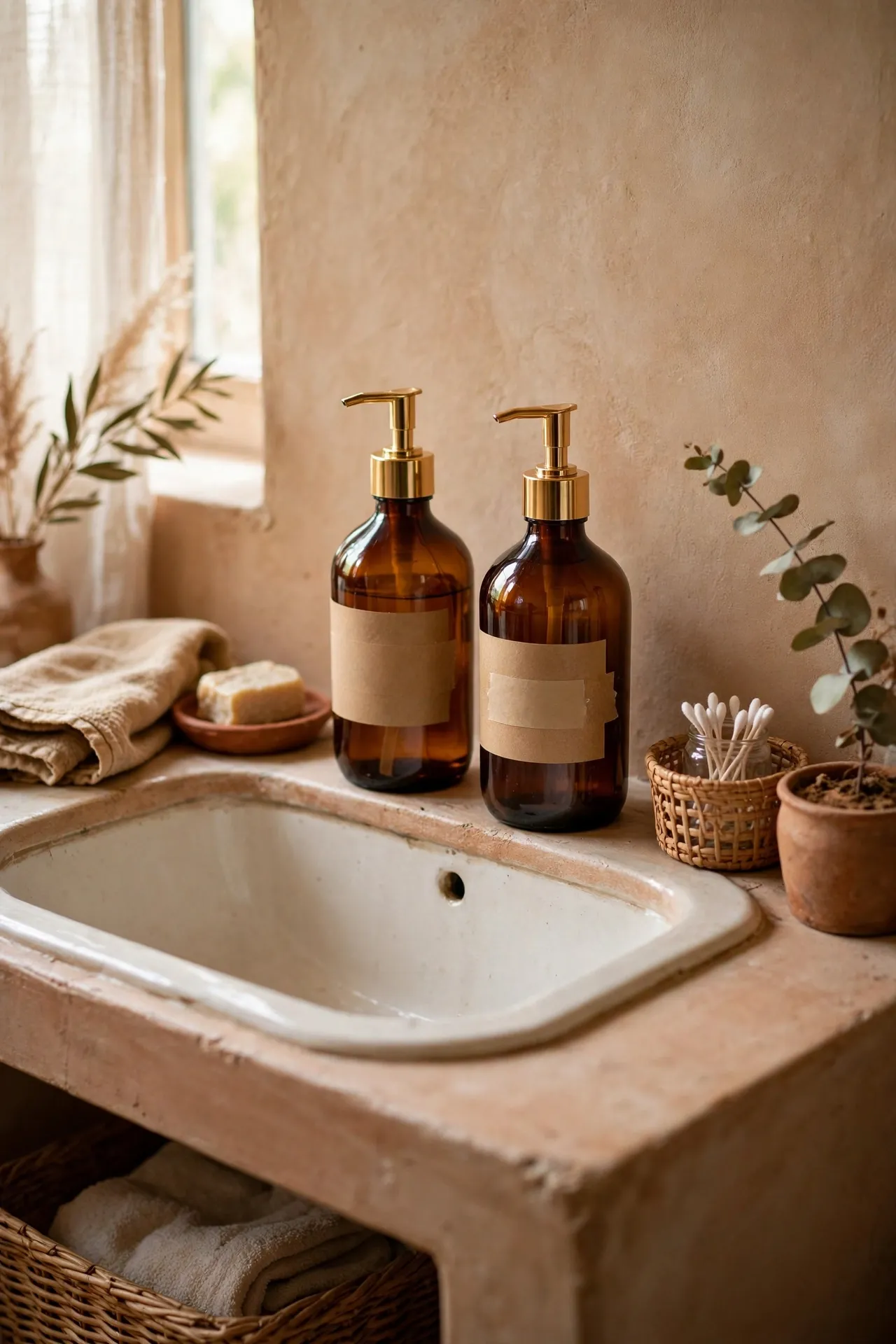 Matching amber glass soap dispensers lined up on a bathroom sink ledge