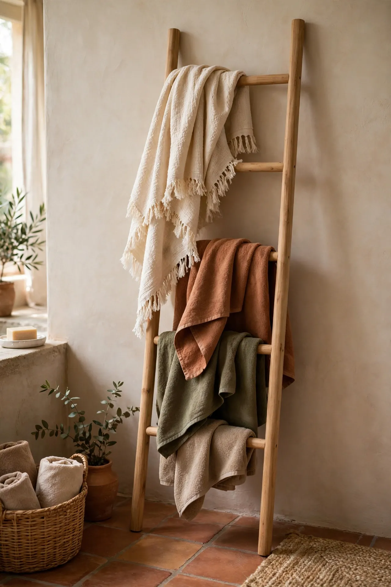 Wooden towel ladder leaning against a bathroom wall with a fringed throw on top