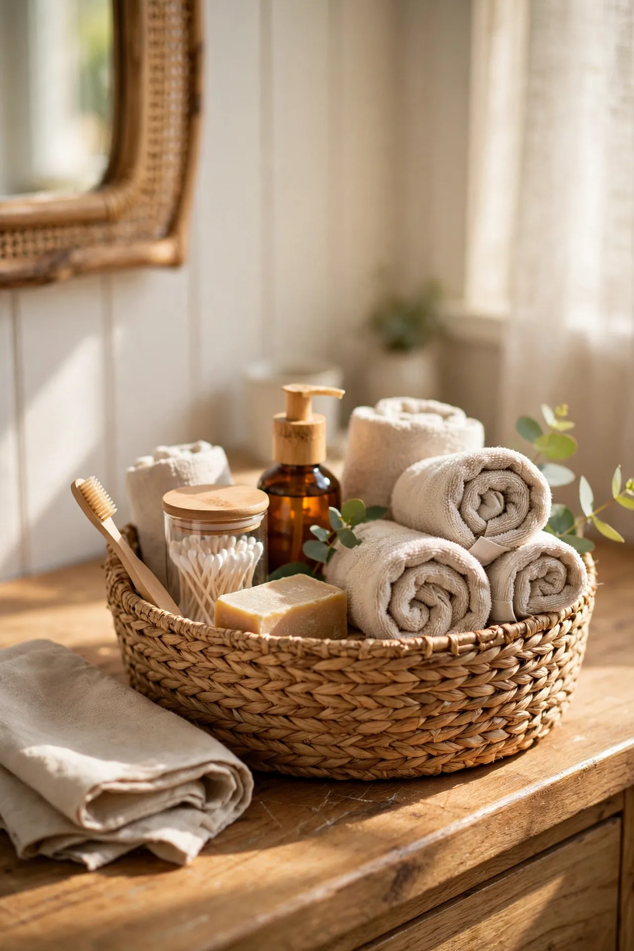 Seagrass basket holding bathroom toiletries on a wooden vanity
