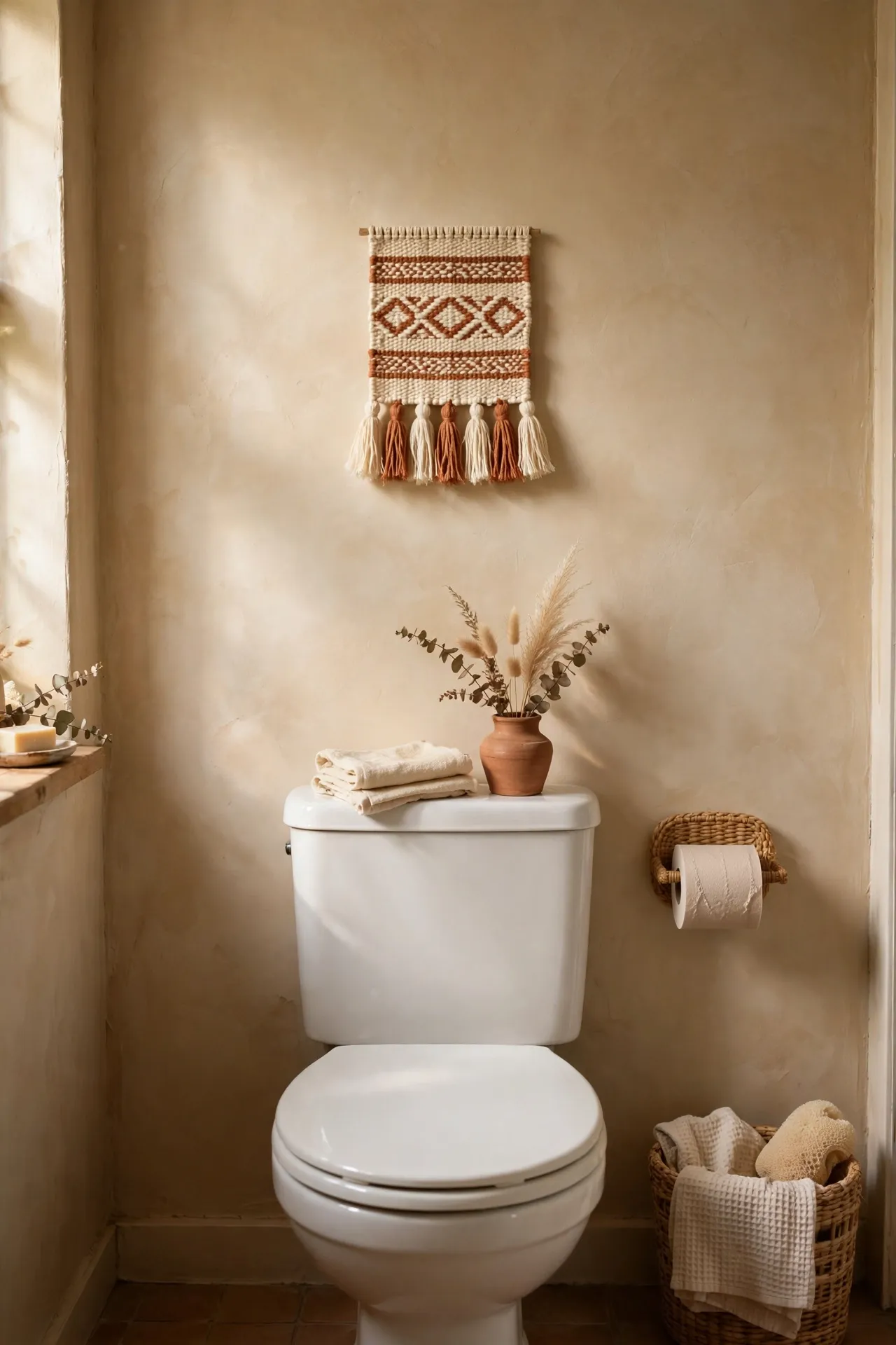 Small woven wall hanging with tassels above a toilet in a boho bathroom