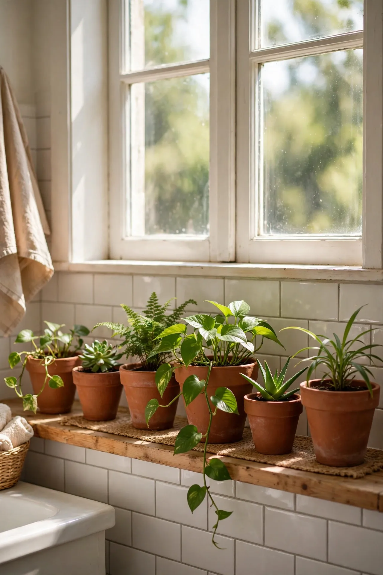Terracotta pots with green plants lined up on a bathroom windowsill