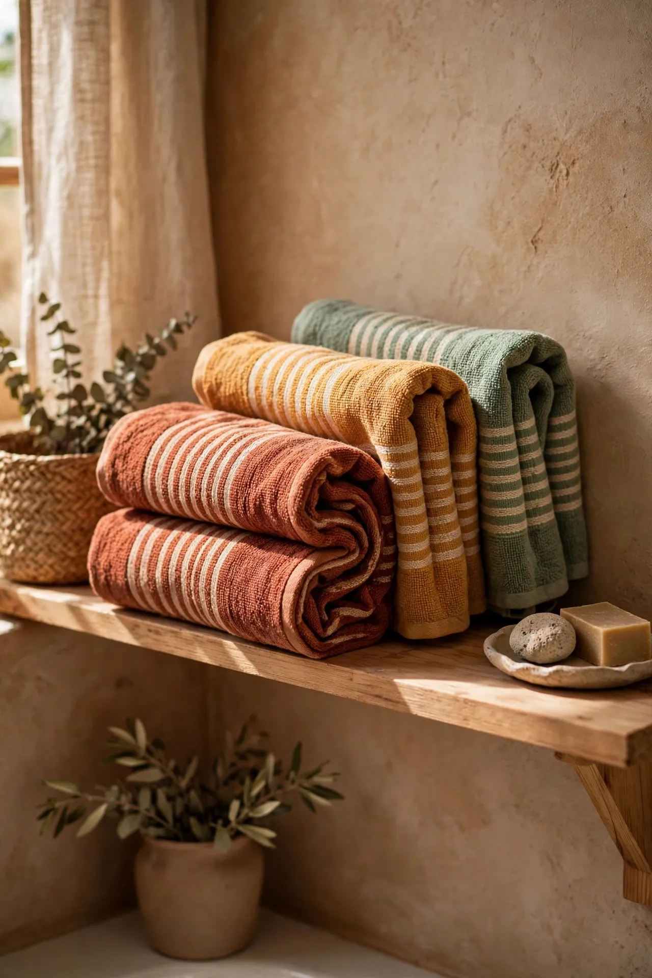 Turkish towels in rust, ochre and sage stripes folded on a bathroom shelf