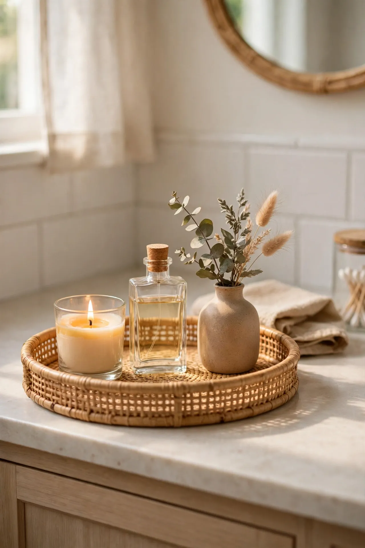 Rattan tray on a bathroom vanity holding a candle, perfume and a small vase