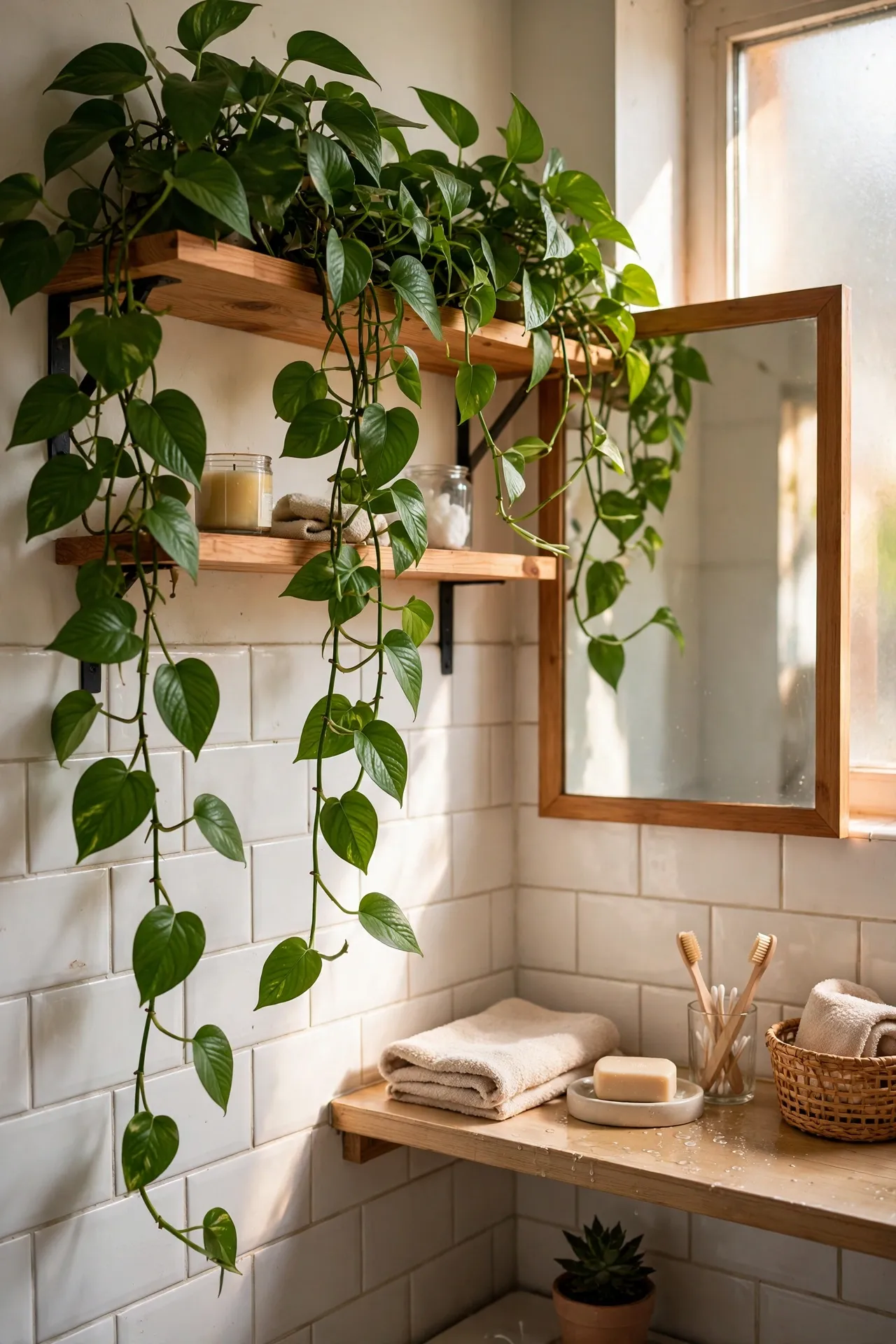 Trailing pothos vines spilling down from a high wooden shelf in a bathroom