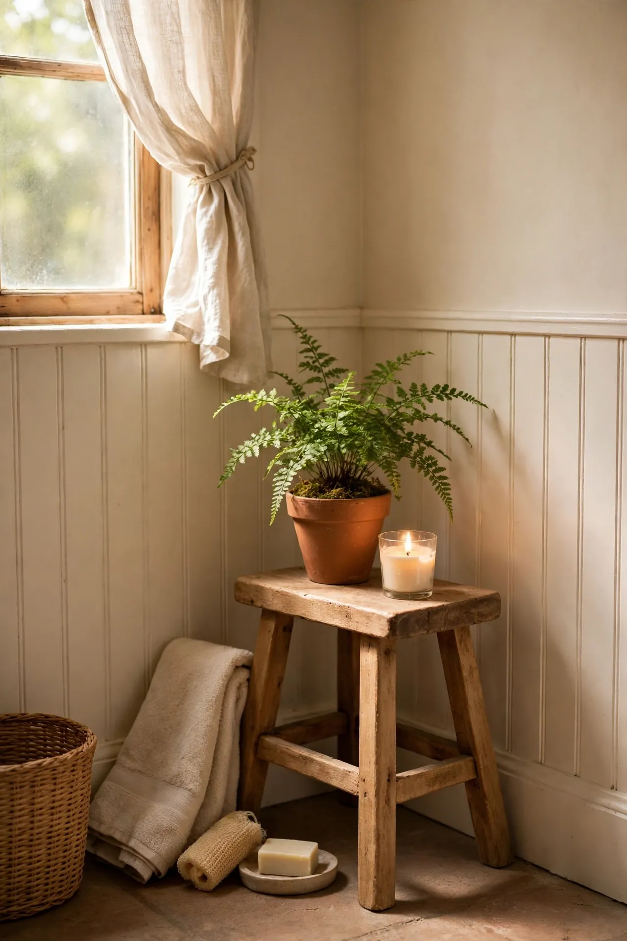 Small wooden stool in a bathroom corner holding a potted fern