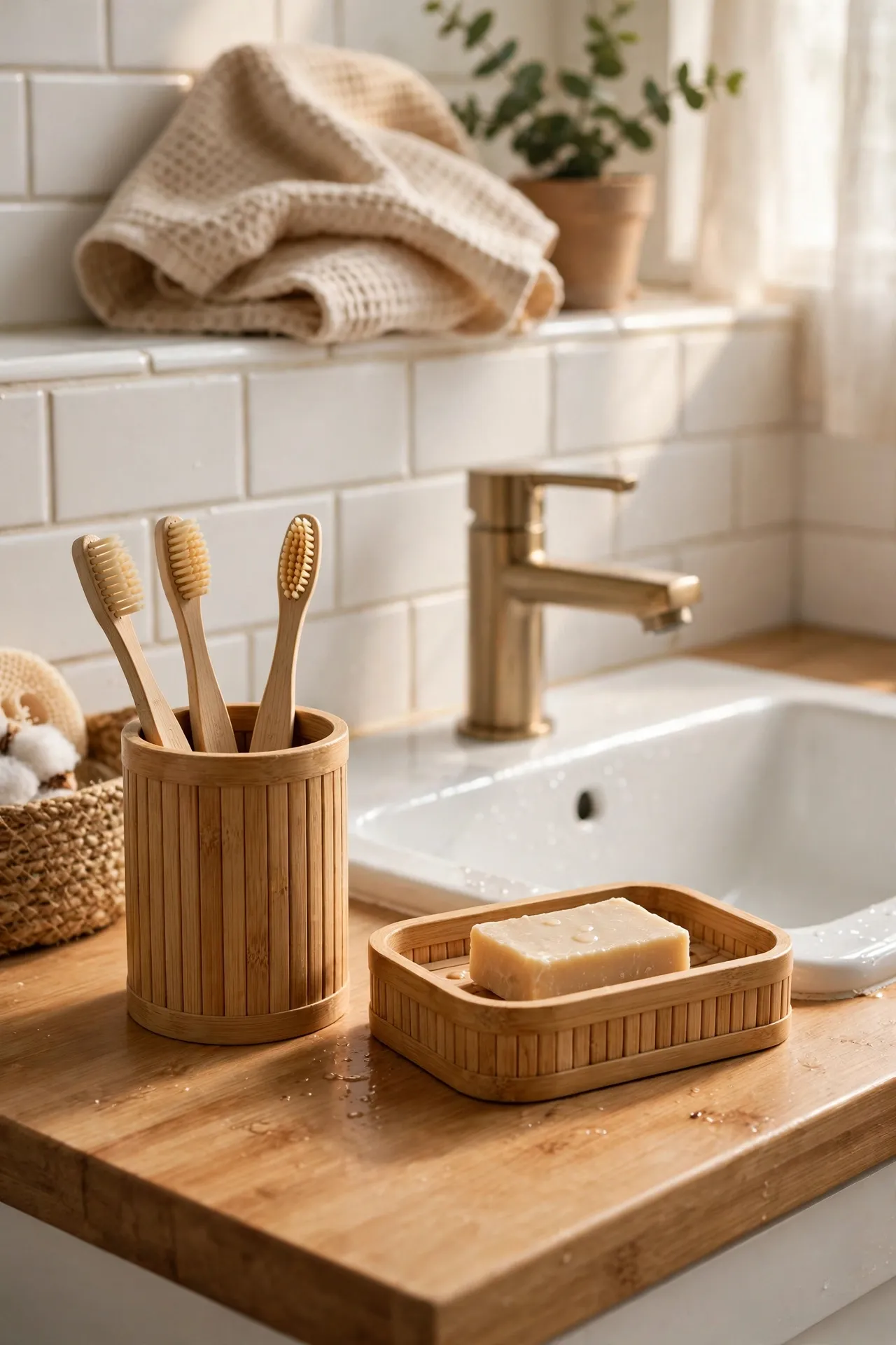 Bamboo toothbrush holder and soap dish set on a bathroom sink