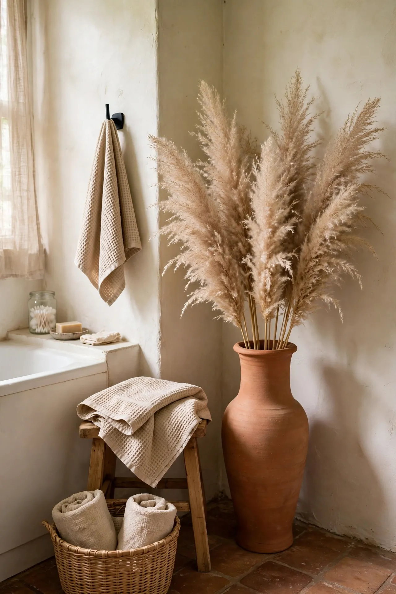 Tall terracotta floor vase filled with dried pampas grass in a bathroom corner