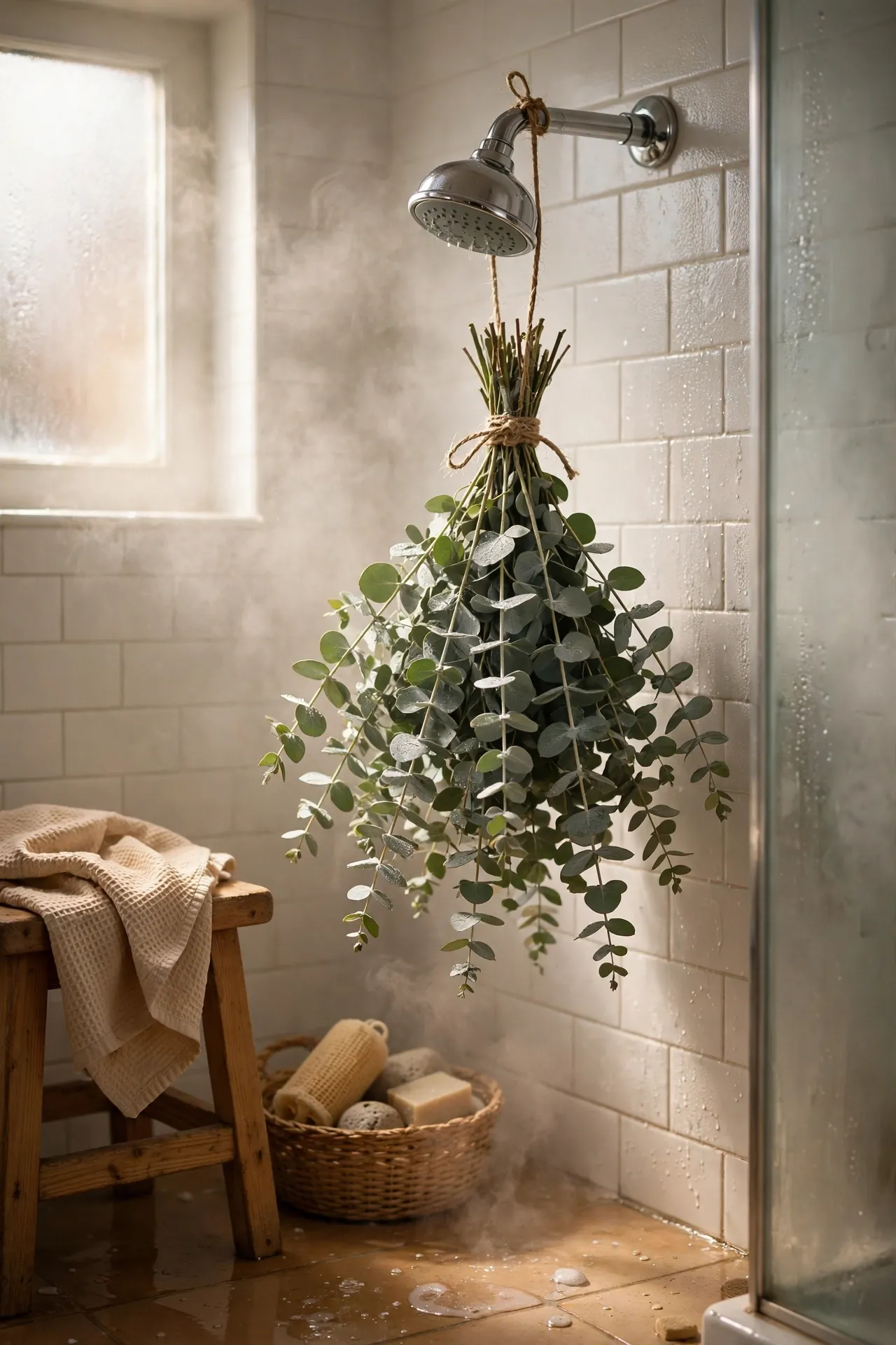 Bundle of fresh eucalyptus tied to a showerhead in a tiled bathroom
