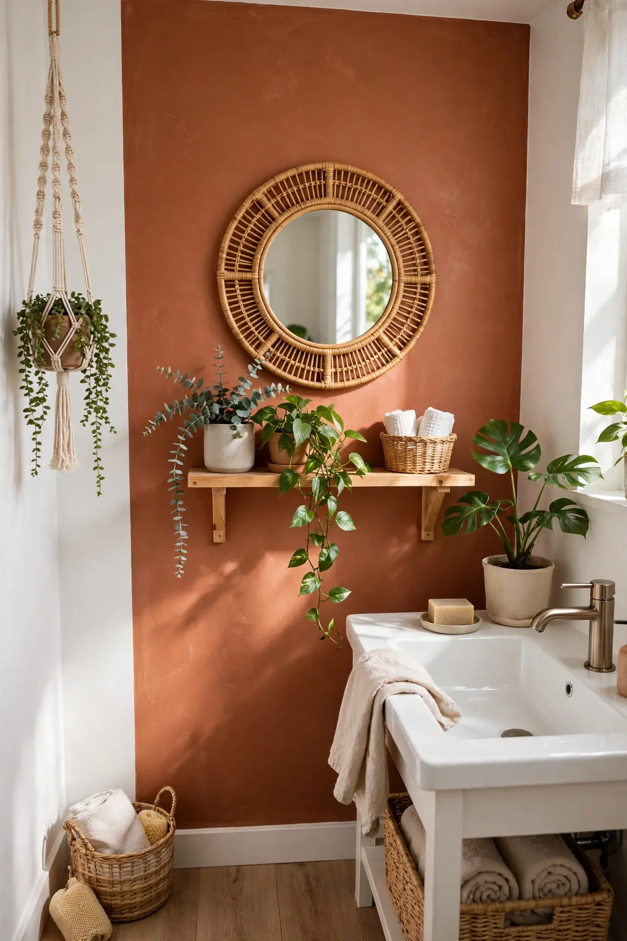 Bathroom accent wall painted in warm clay terracotta behind a mirror