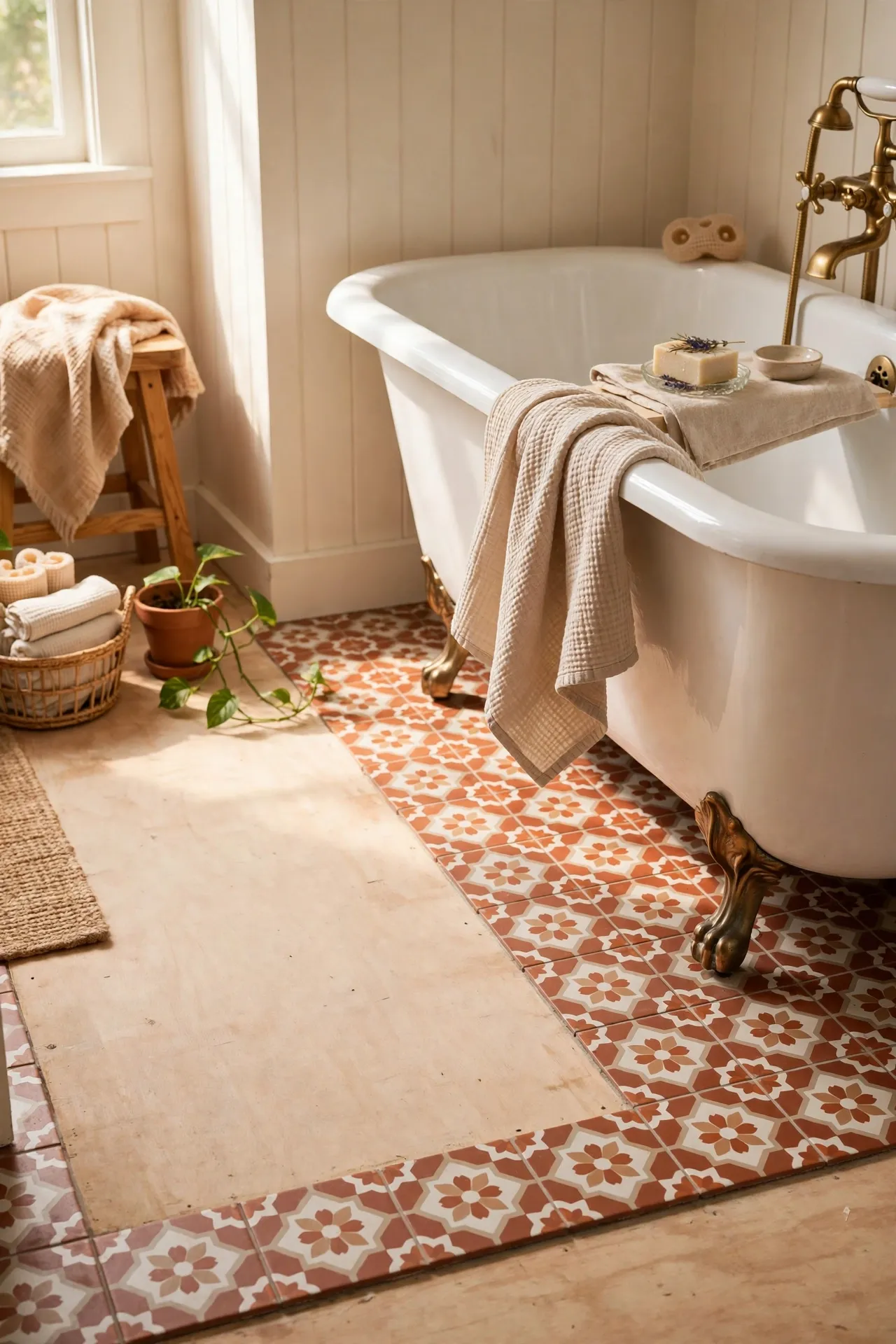 Peel-and-stick terracotta patterned tiles along a bathroom floor border