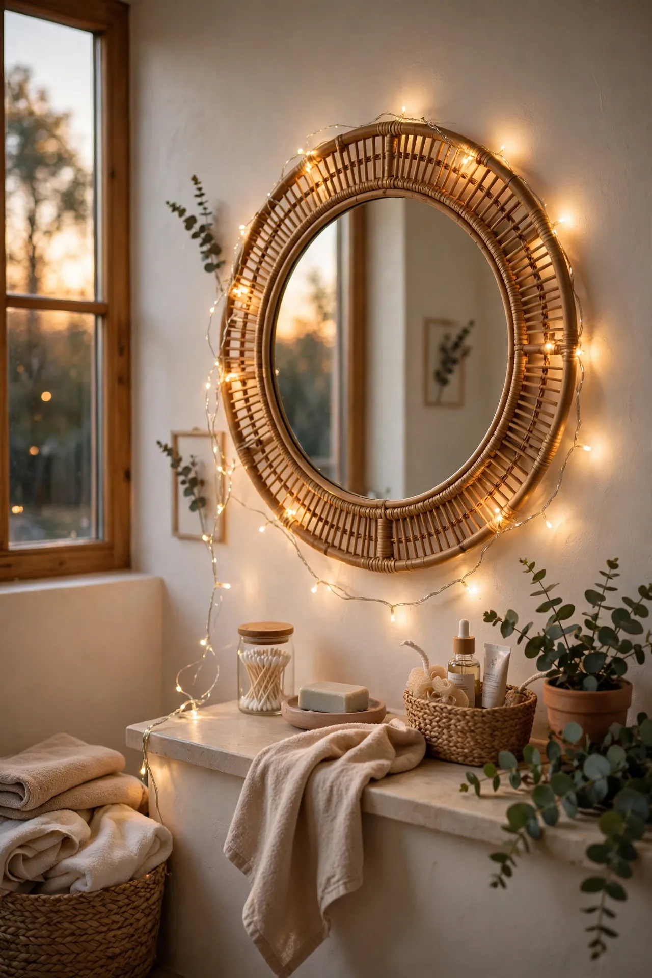 Warm fairy lights draped loosely around a bathroom mirror in the evening